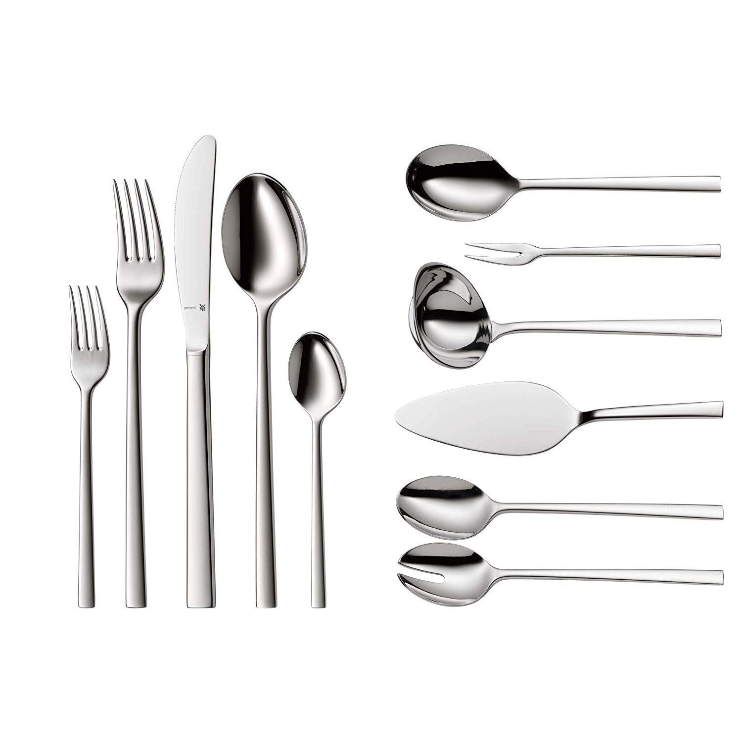 WMF Besteck-Set WMF Sonic Besteckset, 12 Personen, 66 teilig, 60 Teile mit Servierbesteck, eingesetzte Messerklinge, Cromargan protect Edelstahl poliert, glänzend, kratzbeständig, spülmaschinengeeignet (66-tlg), Cromargan protect