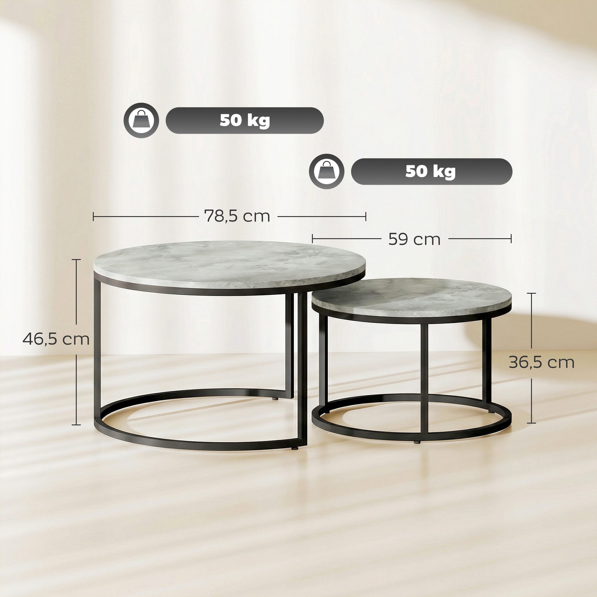 HOMCOM Couchtisch runder stapelbarer Beistelltisch, Kaffeetisch mit Zementoptik (Satztisch, 2-St., Wohnzimmertisch), 78,5 x 78,5 x 46,5 cm, Grau