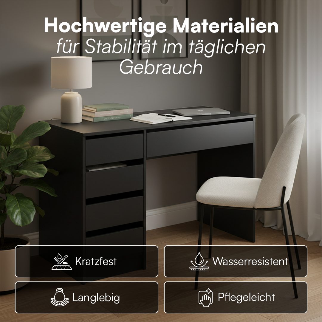 Bellamio Schreibtisch Nore mit Schubladen (schwarz, beidseitig montierbar, 110 cm breit), verfügbar mit 5 oder 9 Schubladen