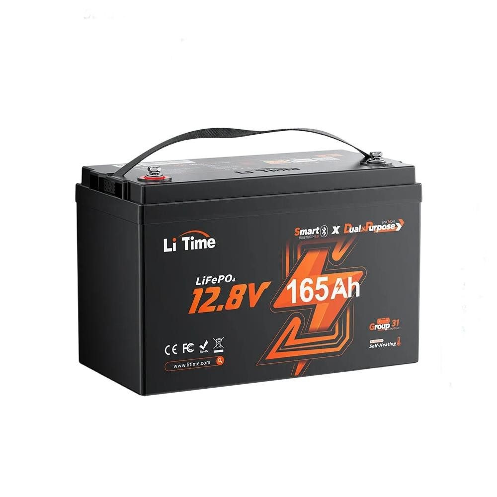 LiTime 12V 165Ah Dual-Purpose LiFePO4-Batterie Bluetooth IP67 Solarakkus (12 V), Mit 1200 CCA und Selbstheizung für Wohnmobil und Marine