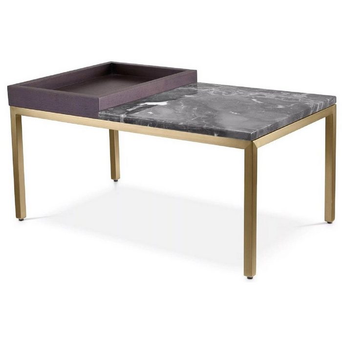Casa Padrino Beistelltisch Luxus Beistelltisch Messing / Braun / Grau 70 x 40 x H. 35 cm - Rechteckiger Messing Tisch mit Walnuss Furnier und Marmorplatte - Möbel - Luxus Möbel - Luxus Einrichtung