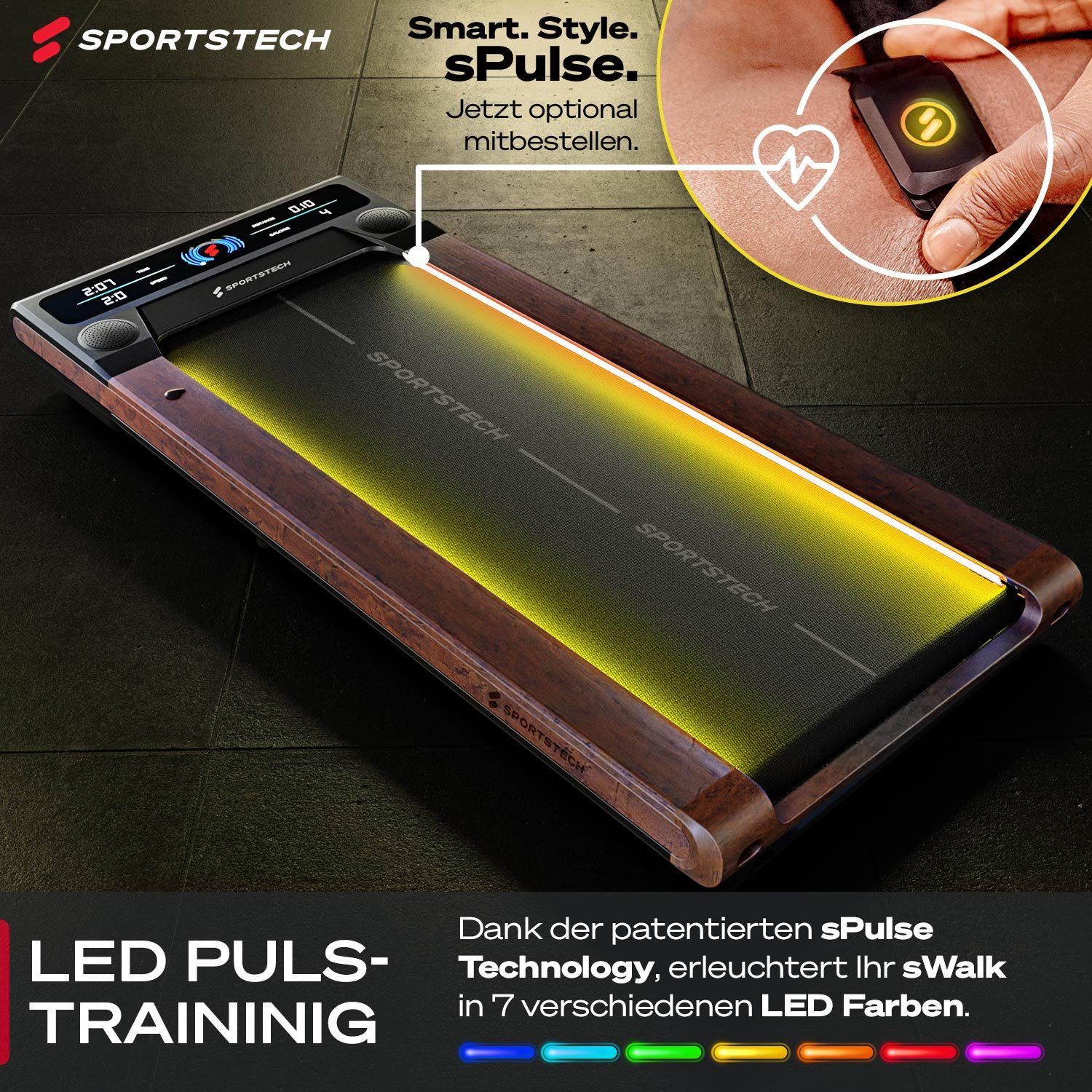 Laufband Dunkelbraun LCD-Display App & interaktivem Verbindung 1-6 LED, mit km/h sWalk, Sportstech