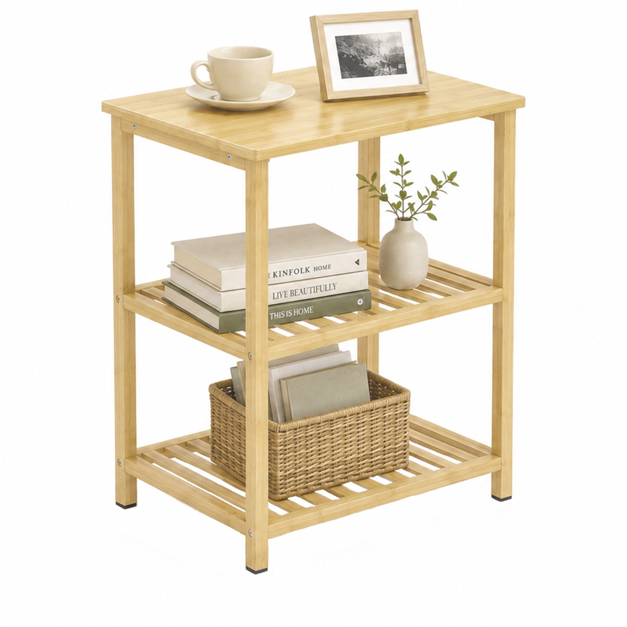 HOMCOM Beistelltisch für kleine Räume (Set, 1-St., 1 Tisch), 3 Ebenen Lamellenablagen, Bambus, 30 kg