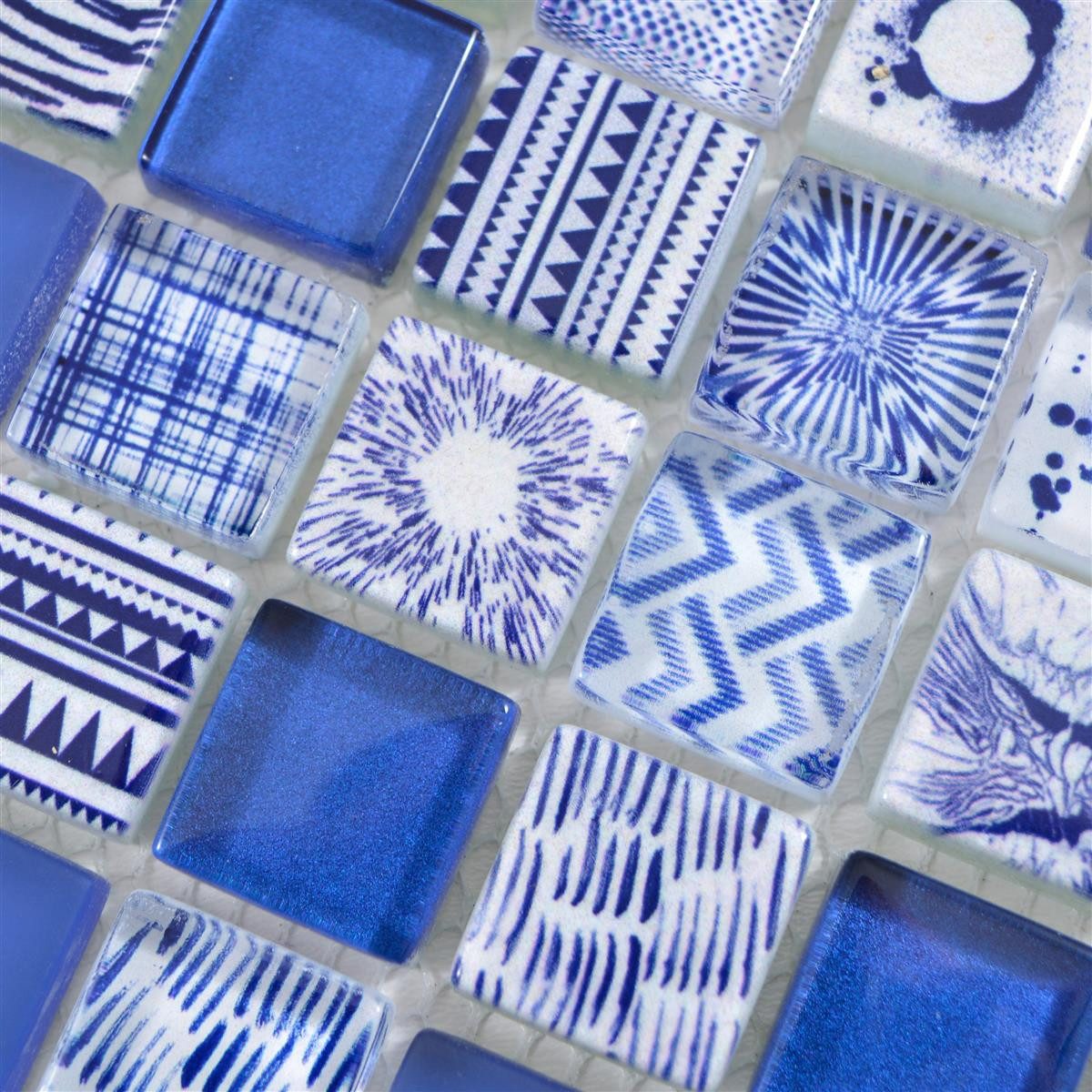 Mosafil Mosaikfliesen Glasmosaik Fliesen Cornelia Retrooptik, Glas 30.000x30.000, blau, Verlegefertig auf ein Netz geklebt - Wasserfest
