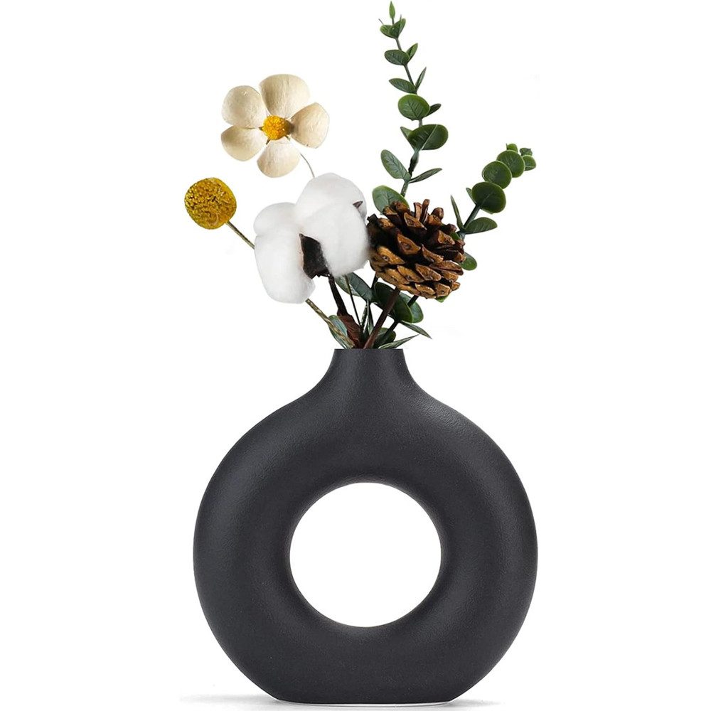 TUWENA Tischvase Handmade Vase Für Pampasgras, Donut Keramik Vase, Runde Matte Vasen, Vase Nordic Ring Modern Deko, Wohnzimmer Vasen Für Dekoration Geschenk