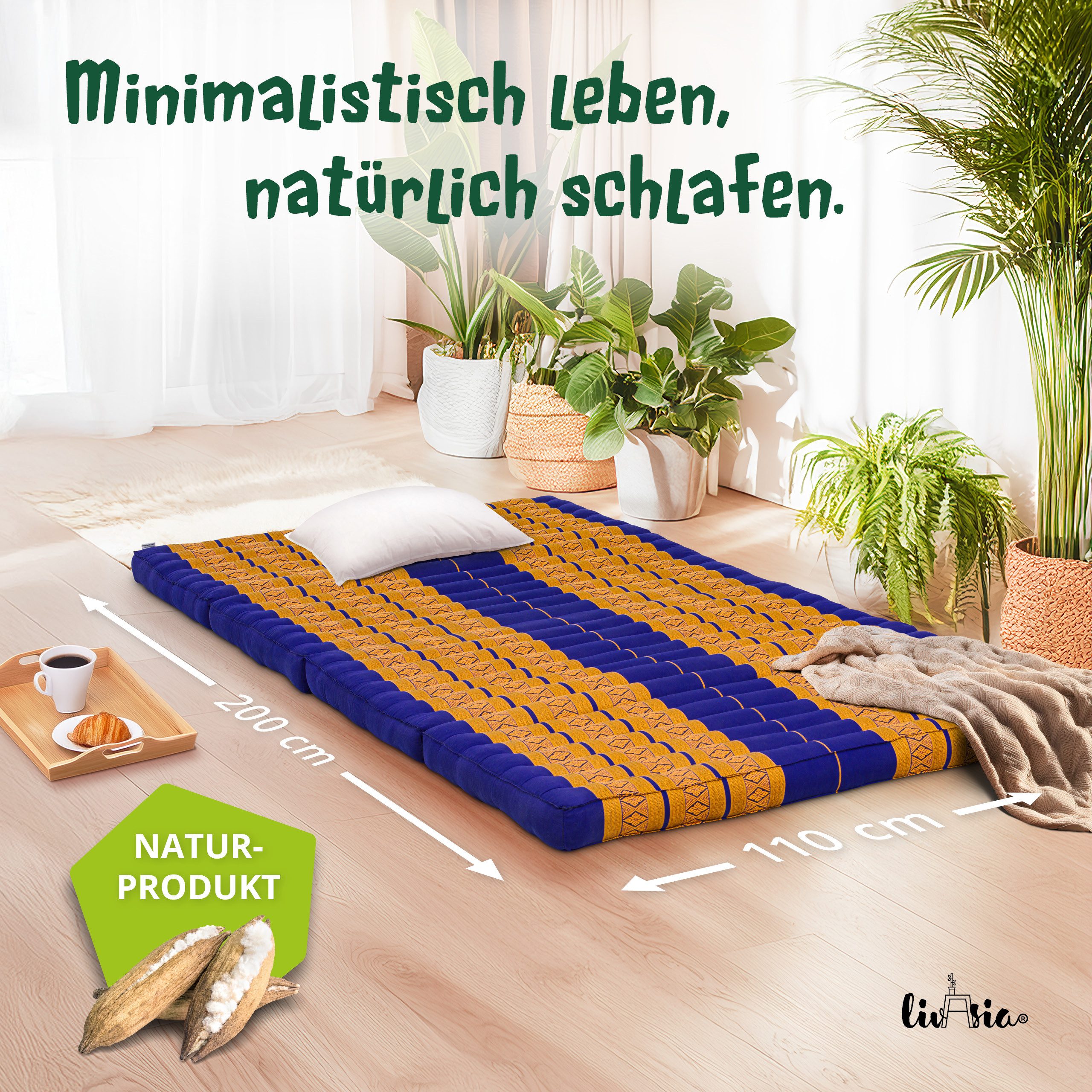 Klappmatratze Faltmatratze 110 cm breit (Classic) - 200x110x8cm -, livasia, 8 cm hoch, Kapok, vegan, handgefertigt