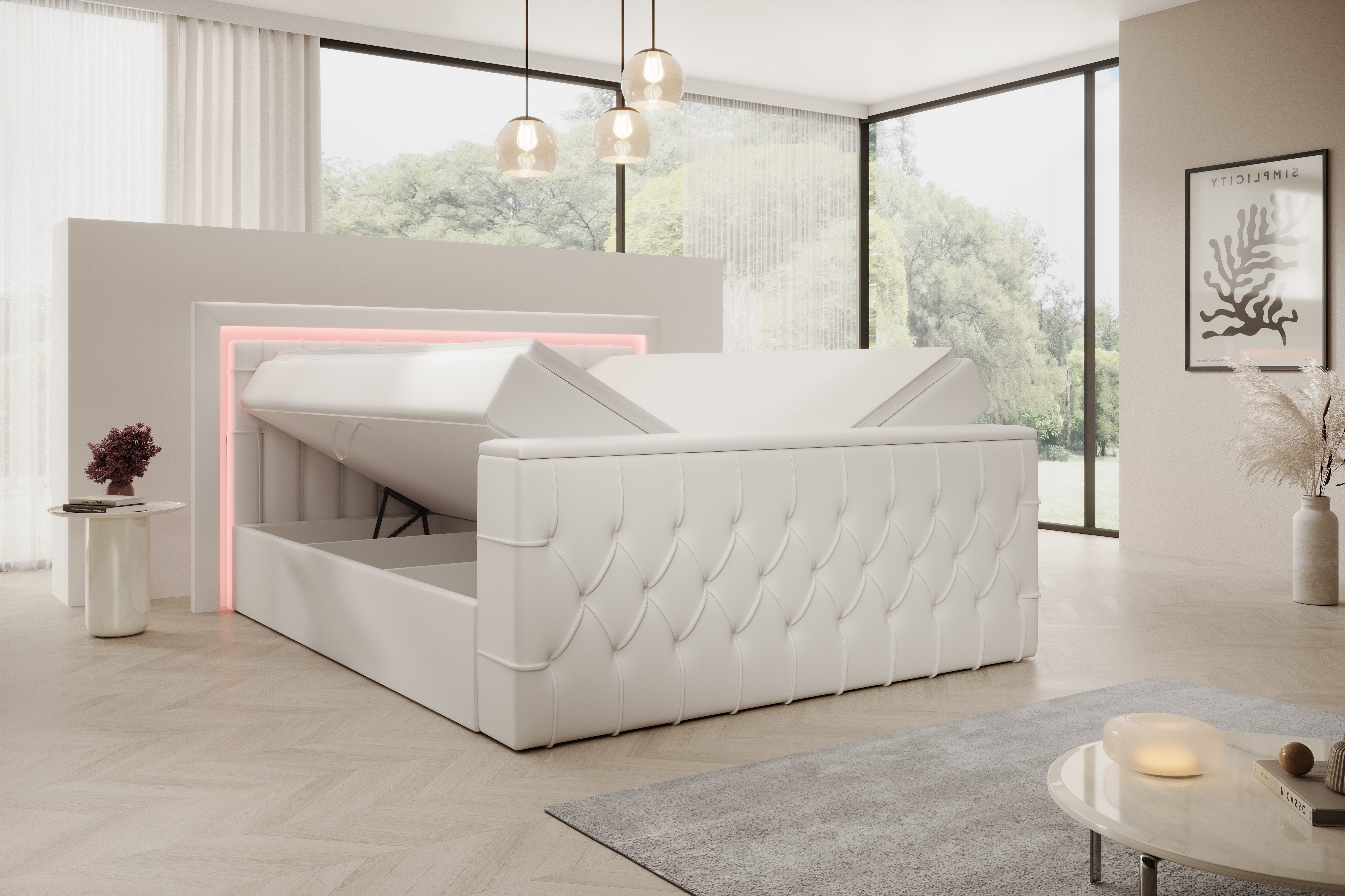 PROMETO Möbel Boxspringbett Doppelbett 180x200cm mit Matratze, Bettkasten TV-Lift LED Beleuchtung – Bild 5 von 5