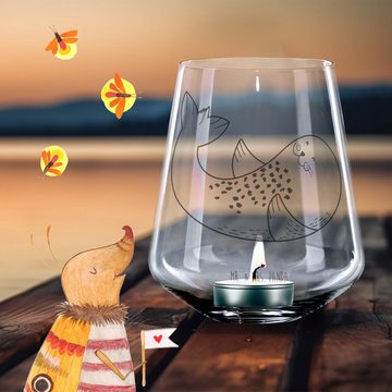 Mr. & Mrs. Panda Windlicht Robbe Liegen - Transparent - Geschenk, Windlicht mit Gravur, Teelicht (1 St), Handarbeit mit Liebe