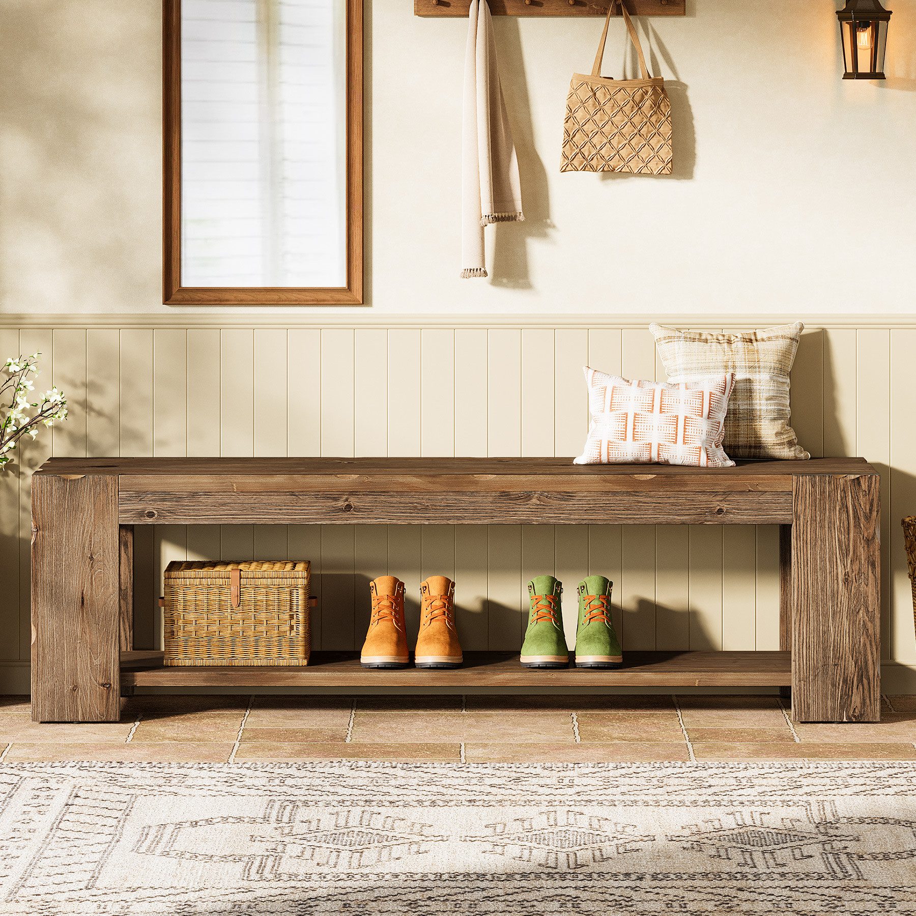 Tribesigns Schuhbank 140 cm Massive Holz-Eingangsbank mit Ablagefach, 2-stufige Sitzbänke (für Eingangsbereich, Flur, Esszimmer, Wohnzimmer, Garderobe, Schlafzimmer, rustikales Braun)