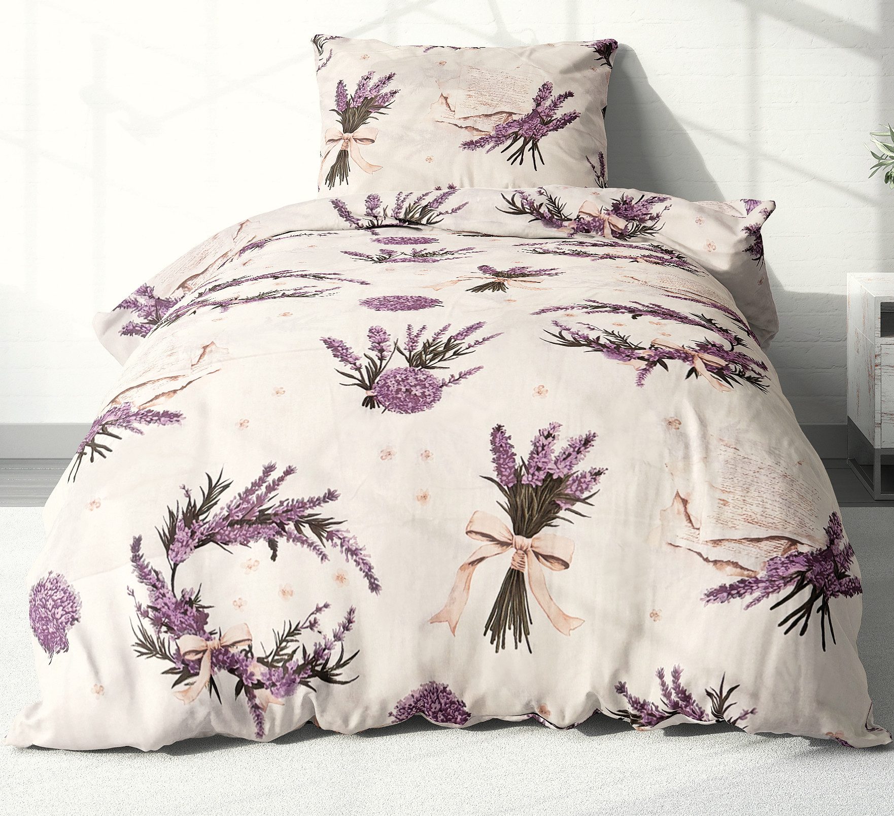 Heubergshop Bettwäsche, Renforcé, 2 teilig, 135x200cm und 80x80cm - Geblümt Lavendel Blumen Landhaus (EW-Lavendel)