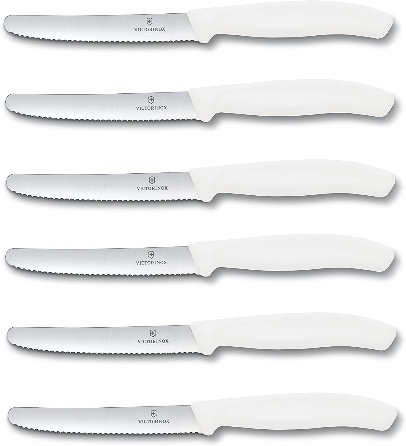 Victorinox Tafelmesser 6-teiliges Tafelmesser Set mit Wellenschliff, 11 cm Klingenlänge ergonomische Griffe, spülmaschinengeeignet, langlebig