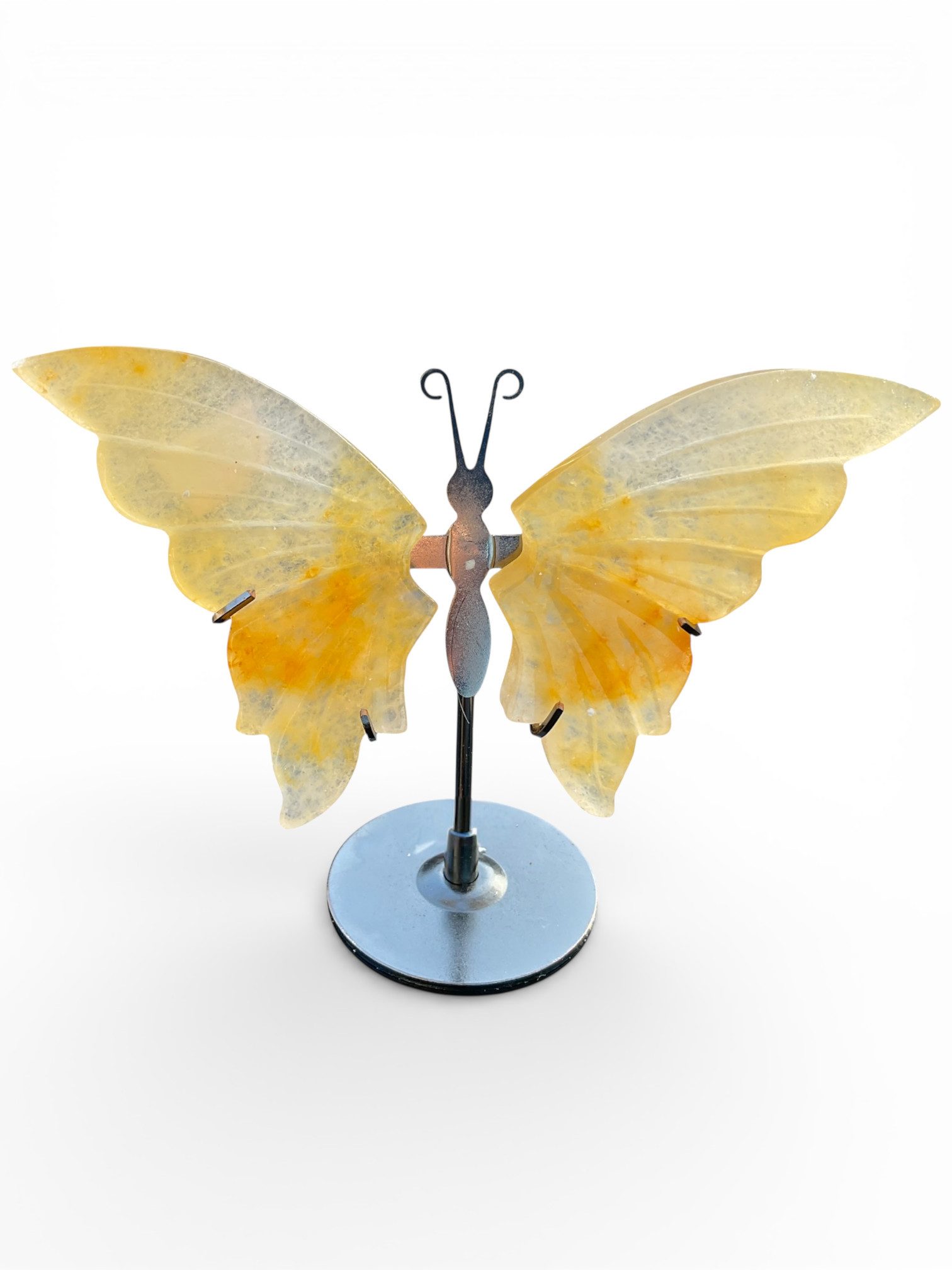Steinfixx® Edelstein Limonitquarz Schmetterling mit Ständer-Edelstein Deko Figur, (10x14cm Madagaskar, 1-St., handgefertigt & hochwertig poliert), Jeder Apatit Schmetterling ist ein Unikat