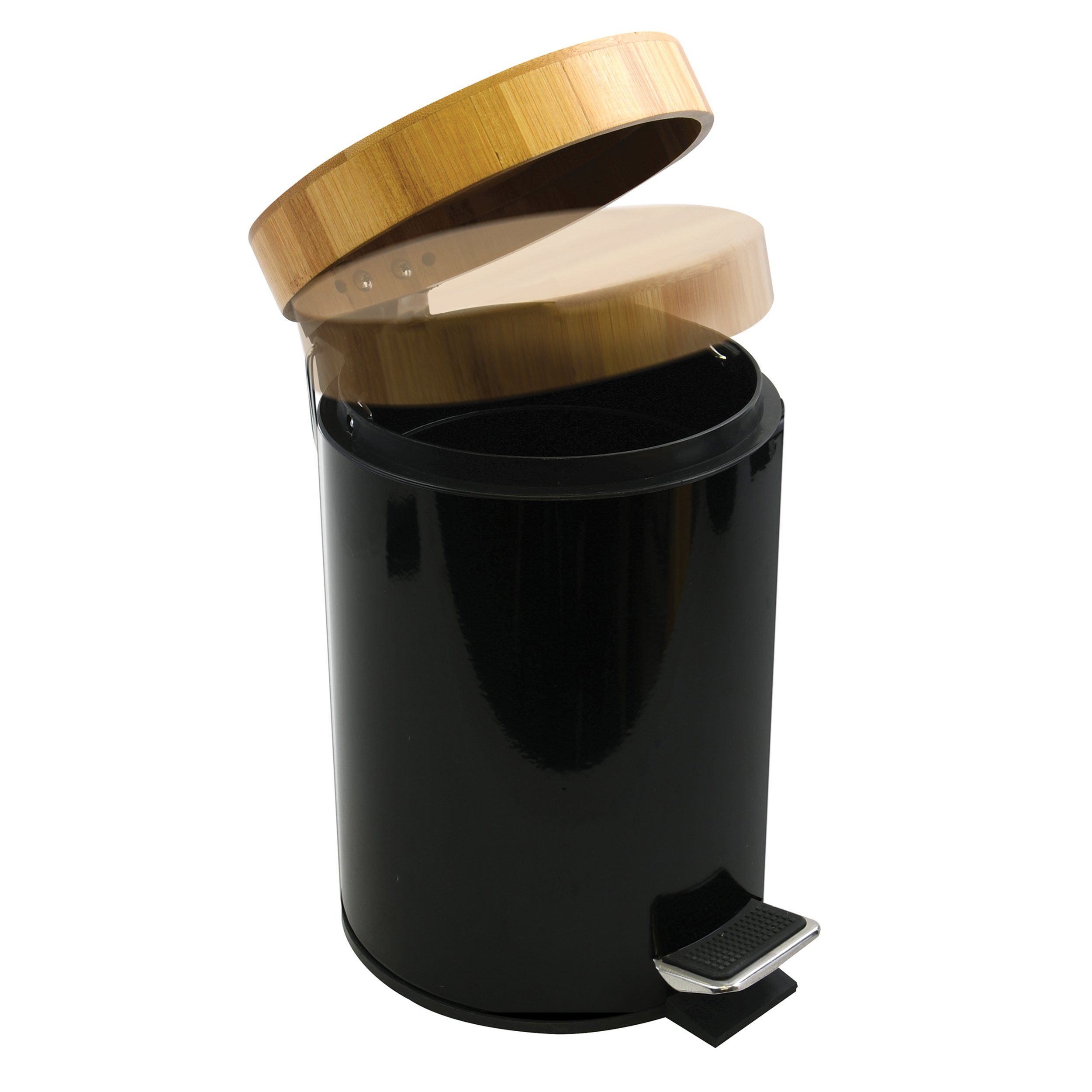 MSV Kosmetikeimer AZA, Edelstahl Treteimer, Deckel aus Bambus, mit Softclose-Absenkautomatik, 3L, schwarz