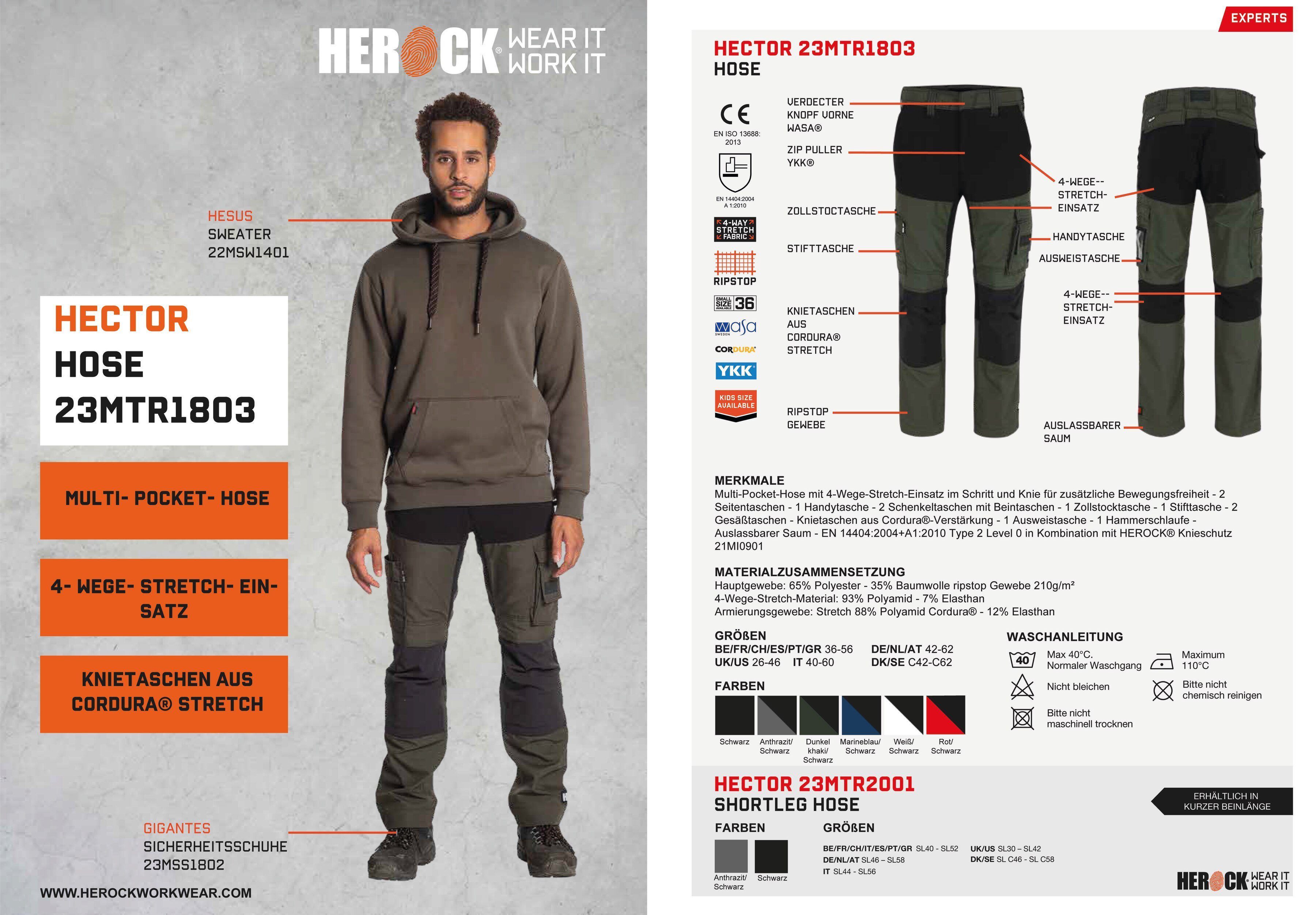 Herock Arbeitshose 4-Wege-Stretch, khaki Hector verstärkte Hoses Knietaschen Multi-Pocket, Knopf, verdeckter
