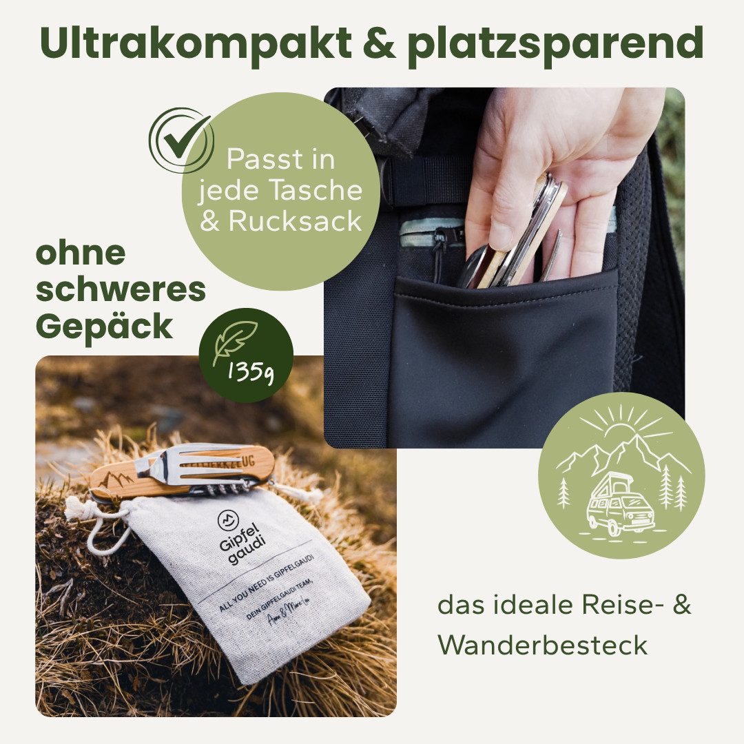 Gipfelgaudi Taschenmesser All-in-One Camping Besteck: ideal zum Wandern, Picknick & mehr, (2 St., teilbar), Teilbar in zwei Hälften, Robust, Plastikfrei