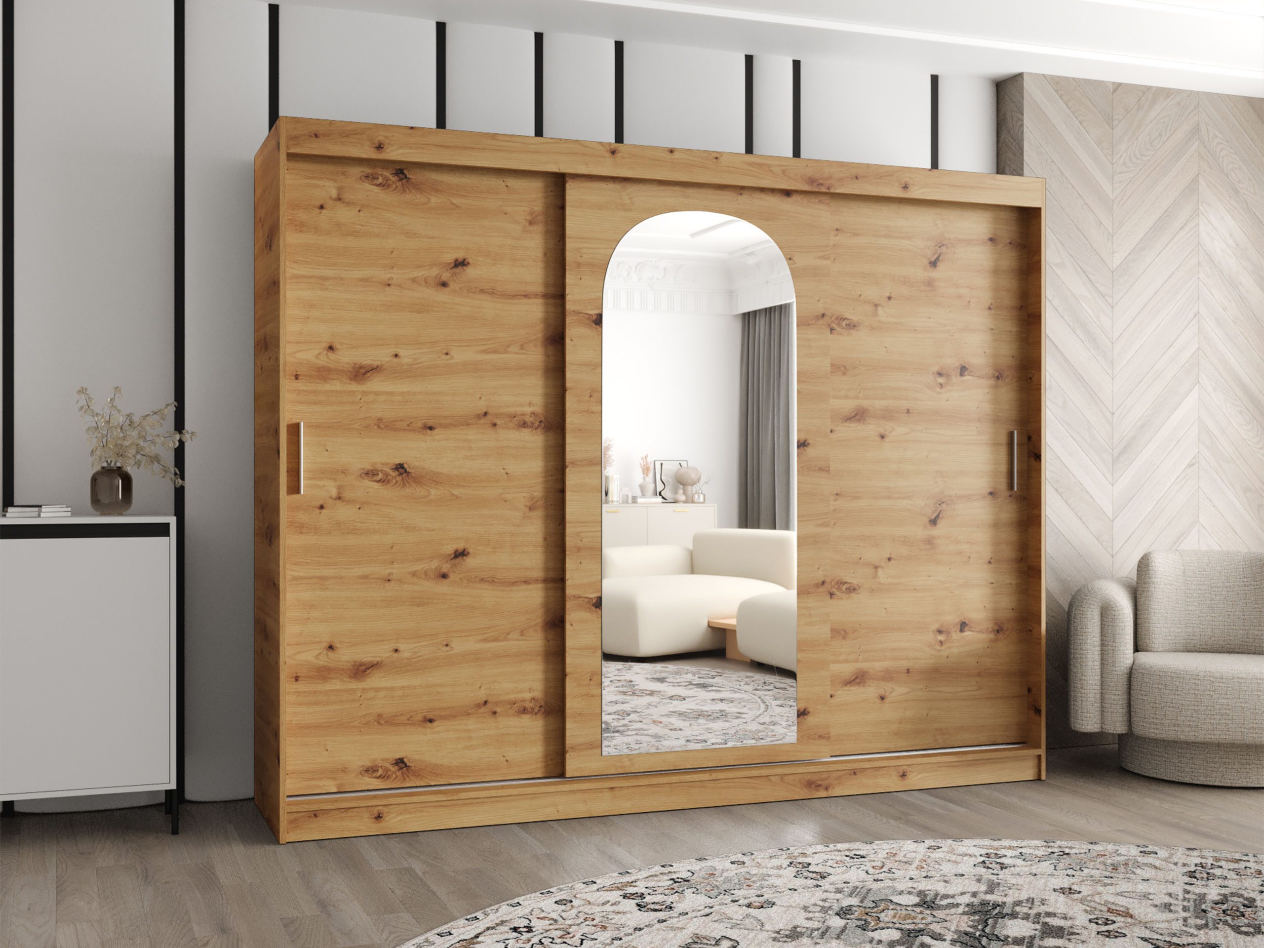 MIRJAN24 Kleiderschrank Selfie 250 cm (mit drei Schiebetüren) 250x62x200 cm, Frontspiegel