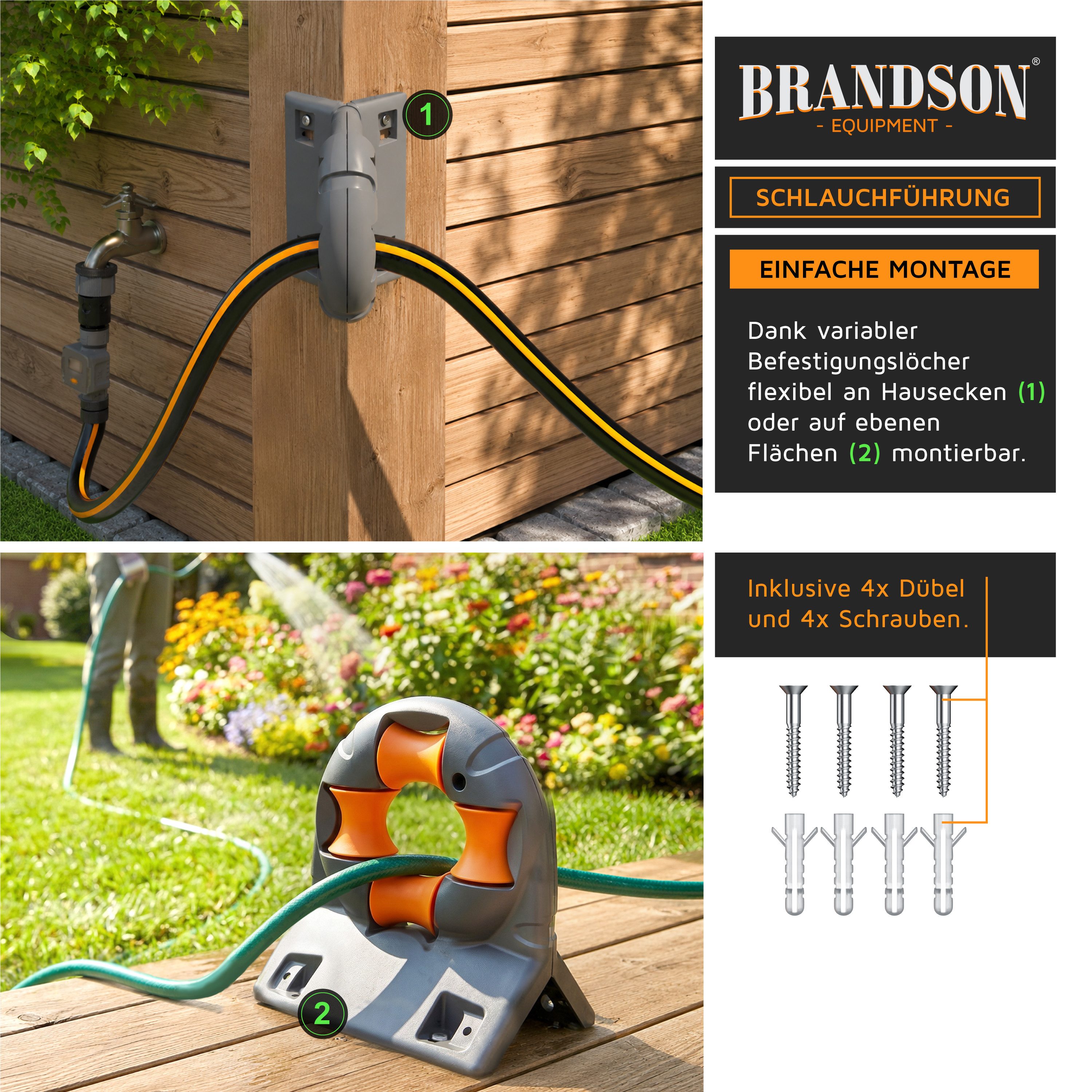Brandson Schlauchhalterung Schlauchführung Wand / Eckmontage, Gartenschlauchführung Rollenführung, (1-tlg., inkl. Befestigungsmaterial, 4 Umlenkrollen, Wandschlauchführungswerkzeug, bis 50 mm Schlauchdicke)