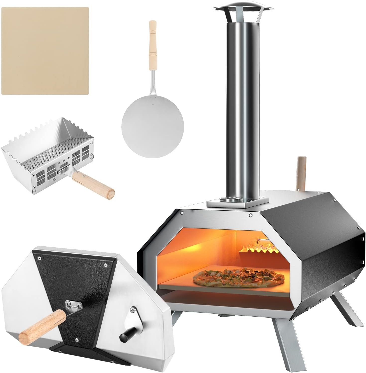 KOMFOTTEU Pizzaofen Gartenofen, mit Pizzastein, Pizzaschieber & Thermometer