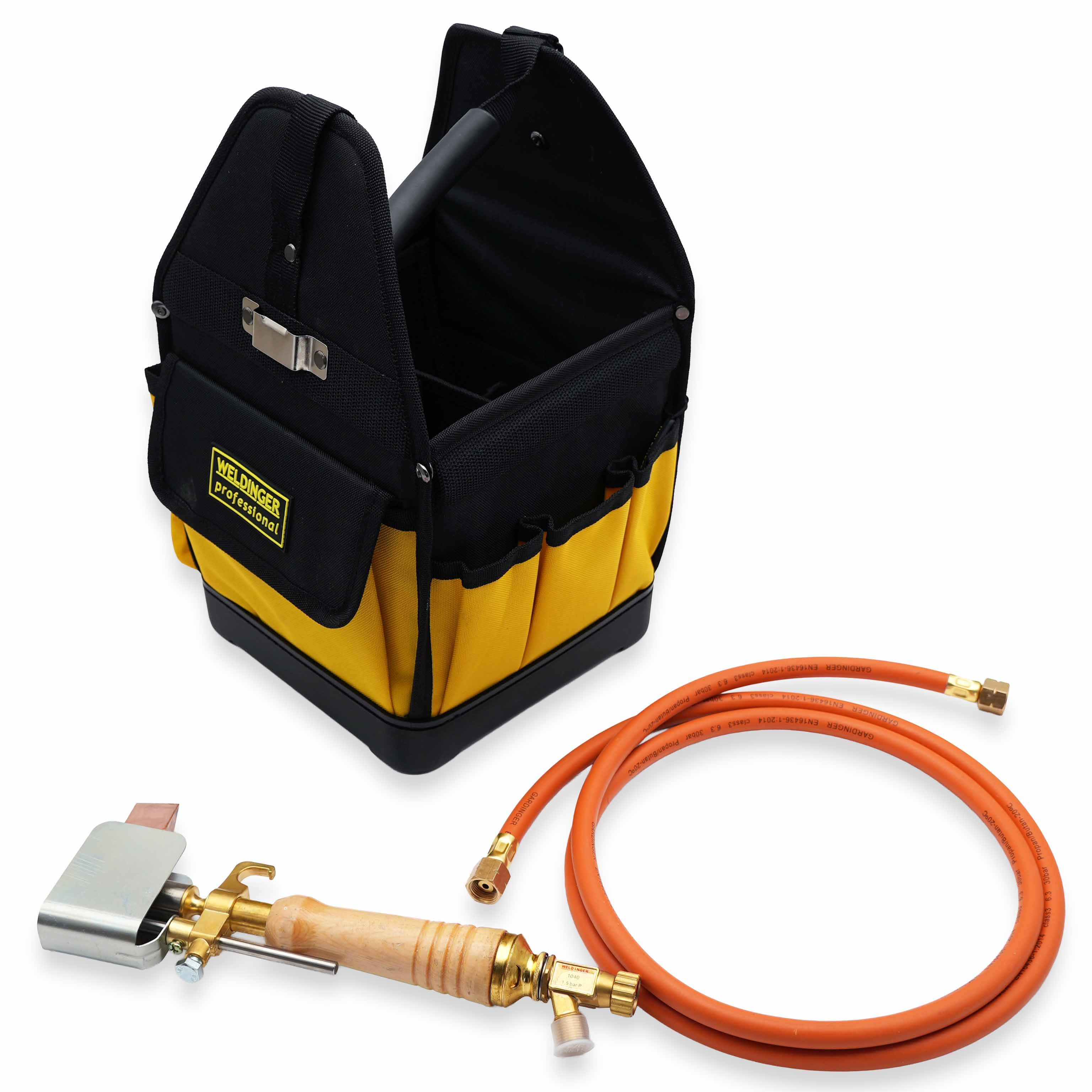 WELDINGER Lötkolben Dachrinnen-Lötset Basic Gaslötkolben 2 m Schlauch Werkzeugtasche, Gas, Set, Ideal für Arbeiten rund ums Dach