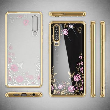 Nalia Smartphone-Hülle Huawei P30, Hülle mit Blumenmuster und Glitzer Steinen / Durchsichtige Schutzhülle