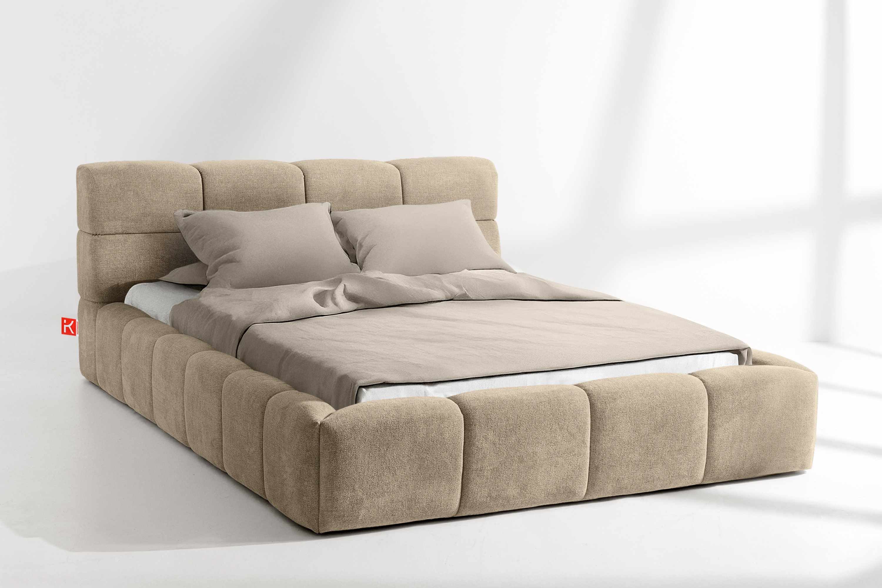 KONSIMO® Polsterbett Doppelbett AERI mit Stauraum, ohne Matratze, hergestellt in der EU (140/160/180/200 cm x 200 cm), handgefertigt, mit Massivholzrahmen, gepolstertes Kopfteil, Modern