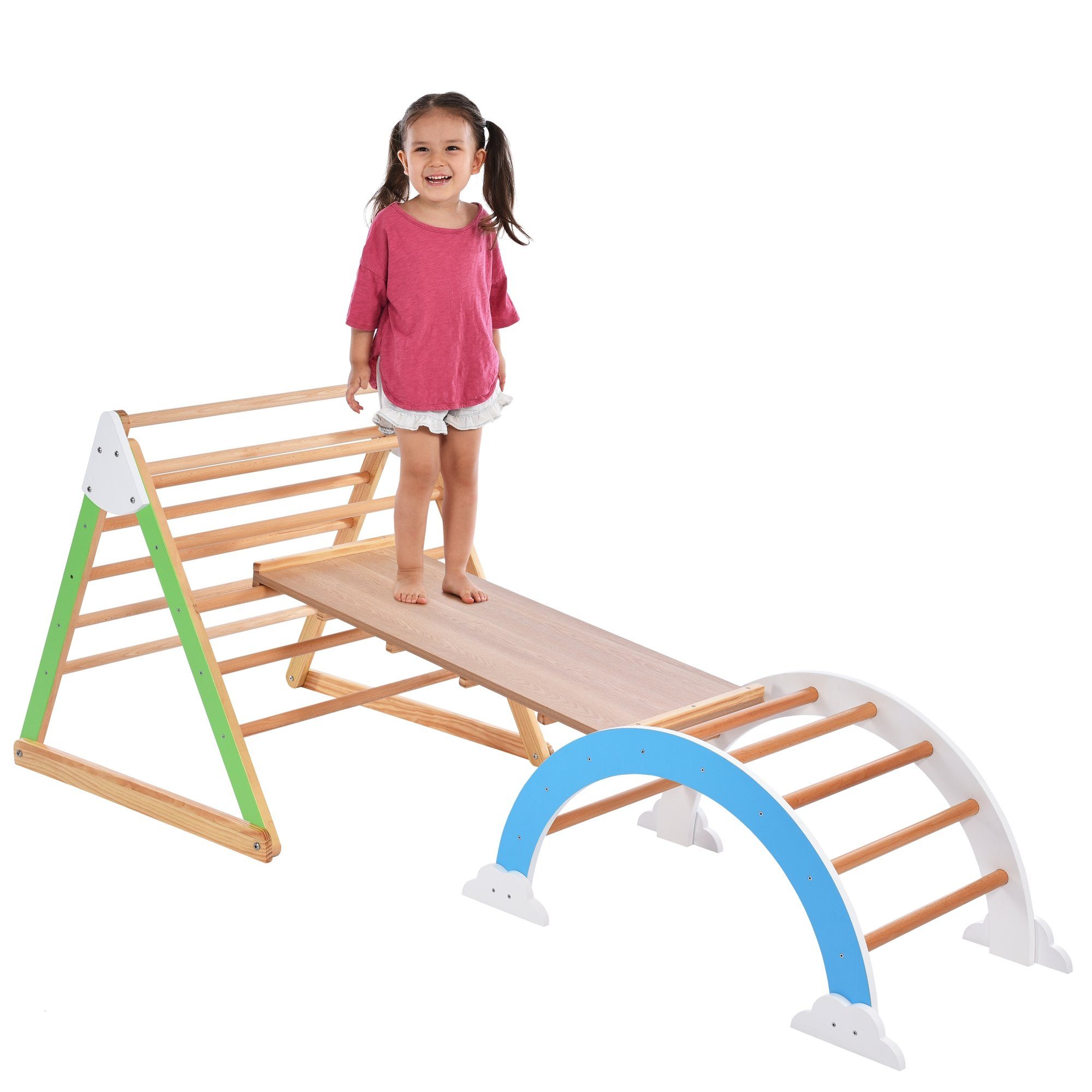 Merax Klettergerüst aus Holz, Dreieck mit Rampe für Kleinkinder, Sprossenwand, Kletterbogen mit Rutsche, 5-in-1 Kletterdreieck, Regenbogen