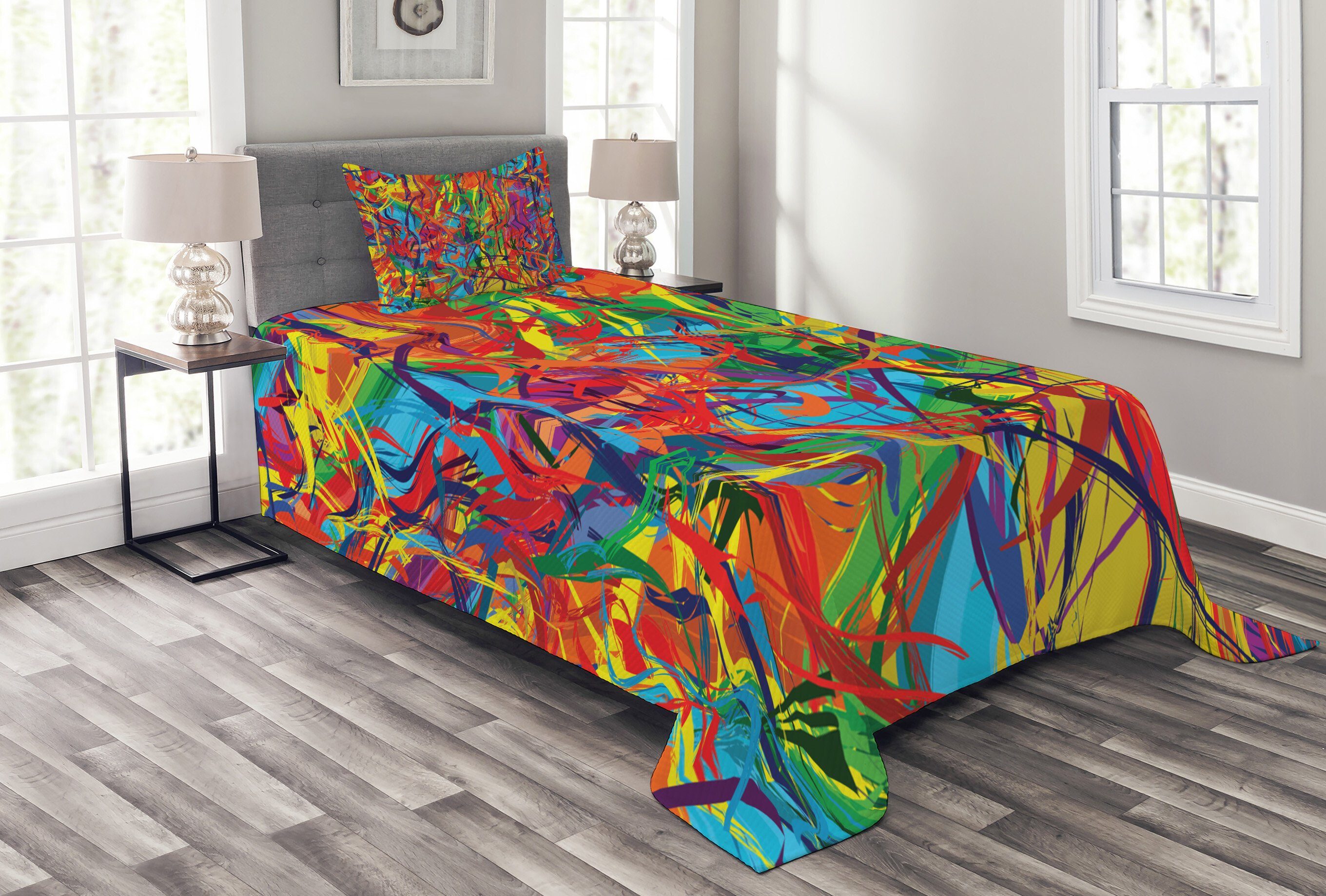 Modern Circled Regenbogen-Muster mit Tagesdecke Waschbar, Abakuhaus, Kissenbezügen Set