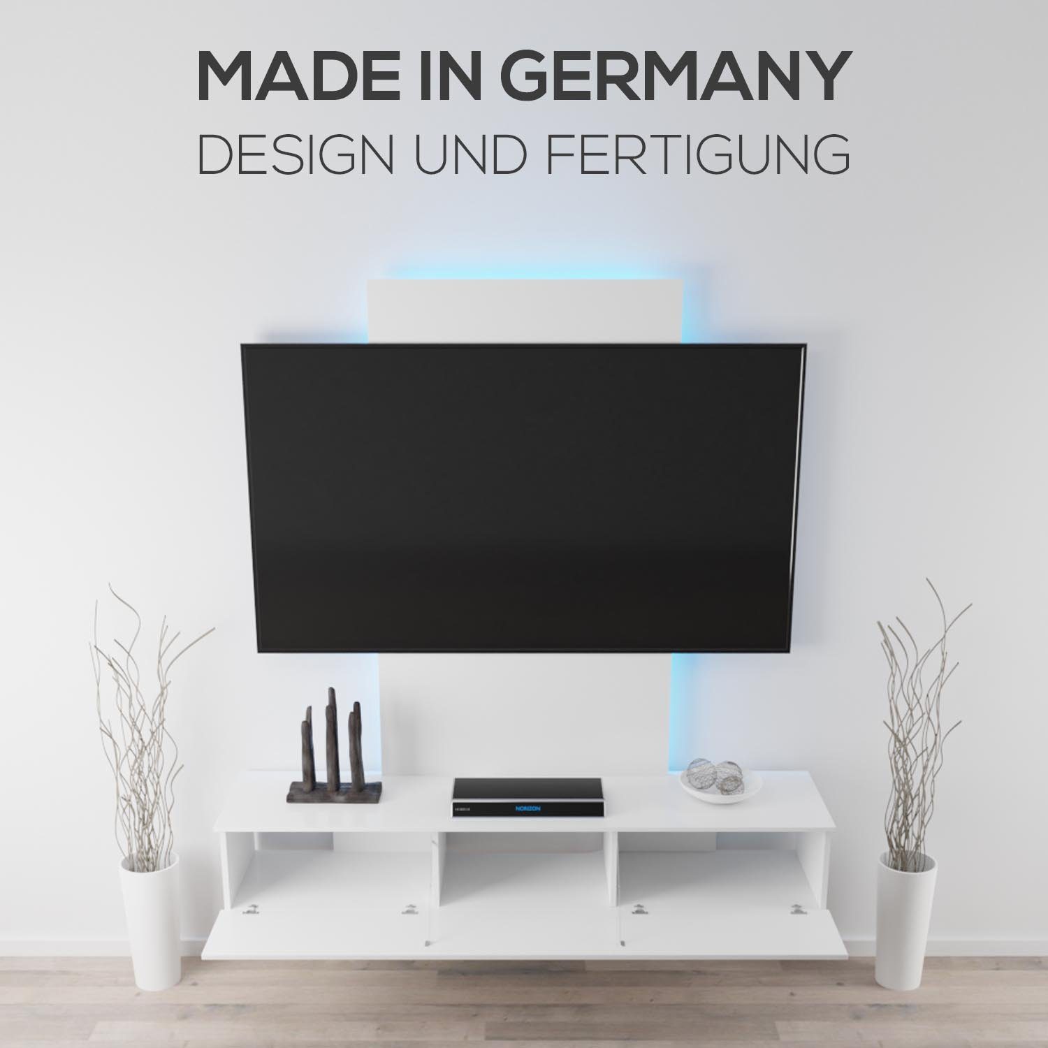 TroniTechnik Lowboard TV Lowboard Hängeboard VELAN, hängend - weiß, hochglanz (Optimal für Ihre Multimedialandschaft, Melaminbeschichtete Spanplatte), Vorgebohrte Führungen für Kabel, inkl. LED-Beleuchtung