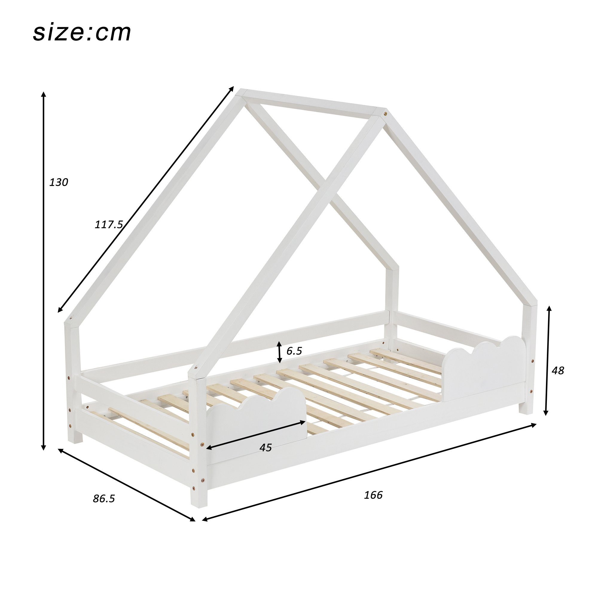 Einzelbett (1-tlg., Massivholzbett Kinderbett), Hausbett 80x160cm mit Rausfallschutz & Lattenrost, Hausoptik mit Dach