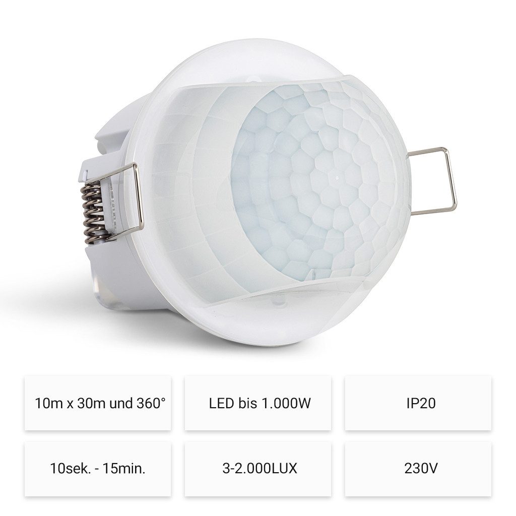 SEBSON Bewegungsmelder Infrarot Sensor Unterputz Decke - programmierbar Reichweite 30m 360°, (1-St), Einbauloch Ø63-68mm, LED geeignet 1.000W, IP20, 230V, 3 Draht