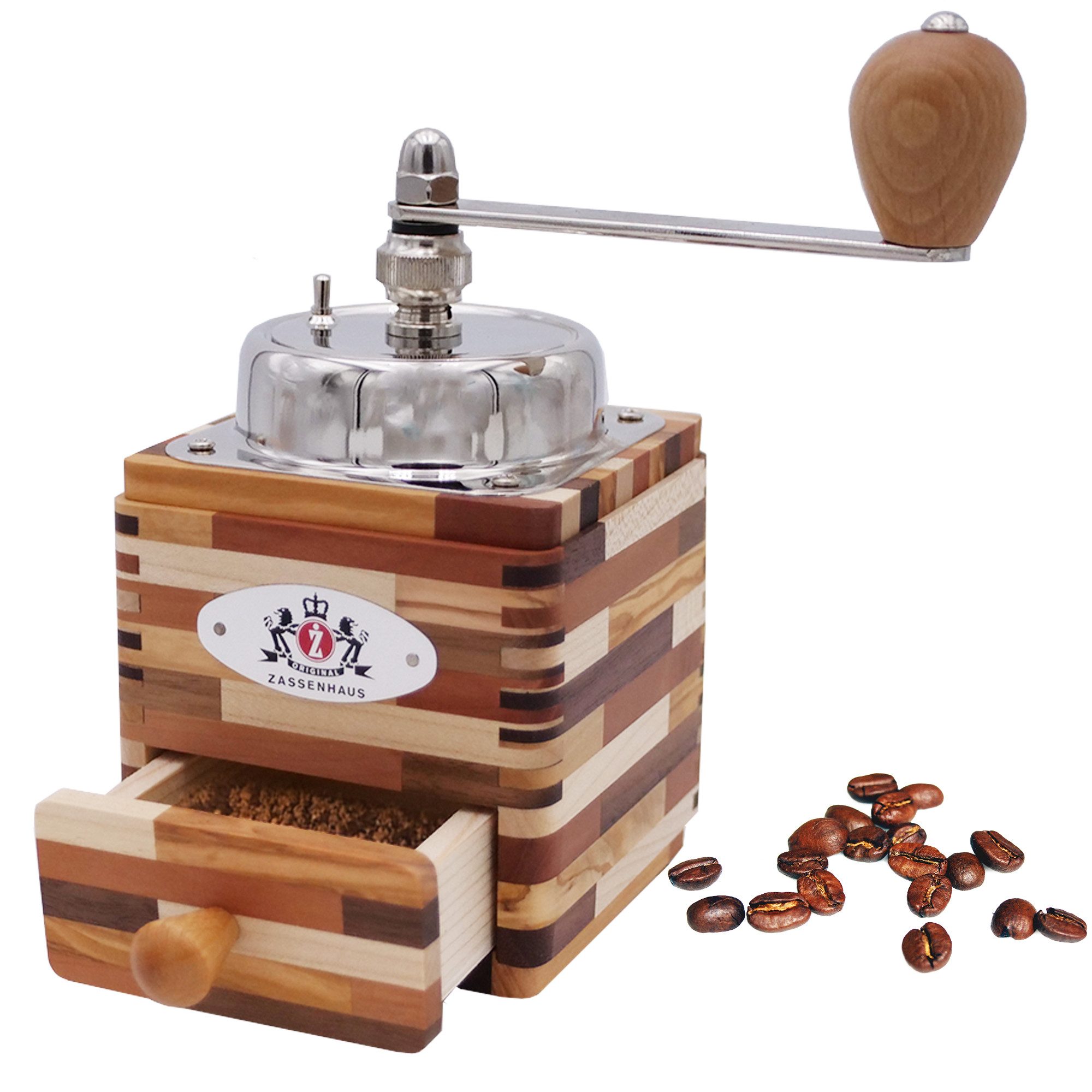 ZASSENHAUS Kaffeemühle Zassenhaus Kaffeemühle MONTEVIDEO, 0 W, Kegelmahlwerk, 50 g Bohnenbehälter, Kombination aus Edelstahl und edlen Hölzern, Kompaktes Design