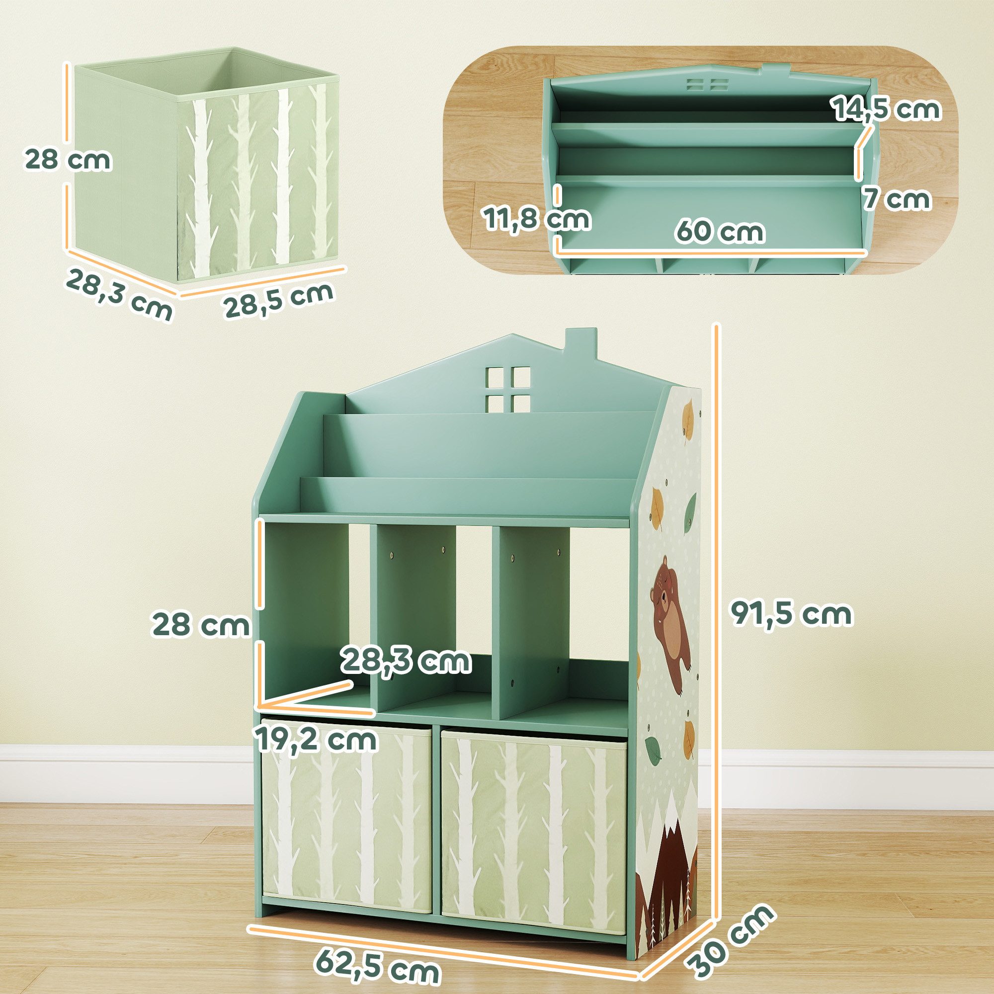 AIYAPLAY Kinderregal Spielzeugregal mit 2 Stoffschubladen offen Regal, Bücherregal Kinder 1-tlg., für 3-8 Jahre für Spielzeug Bücher 62,5x30x91,5 cm Grün