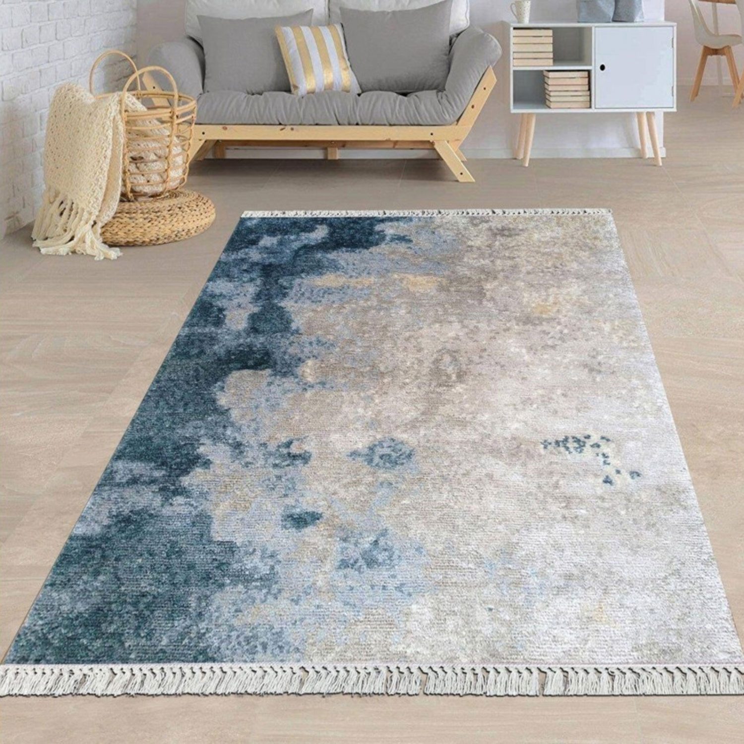 Teppich Waschbar Mystic Blau Flach Teppichläufer Läufer Wohnzimmer 6mm