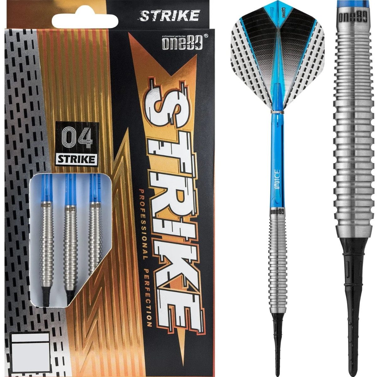 one80 Dartpfeil One80 Strike 04 Soft Tip Dartset 18g Silber Softdarts Tungsten, Tropfenförmige Barrelform bietet eine strukturierte Griffzone