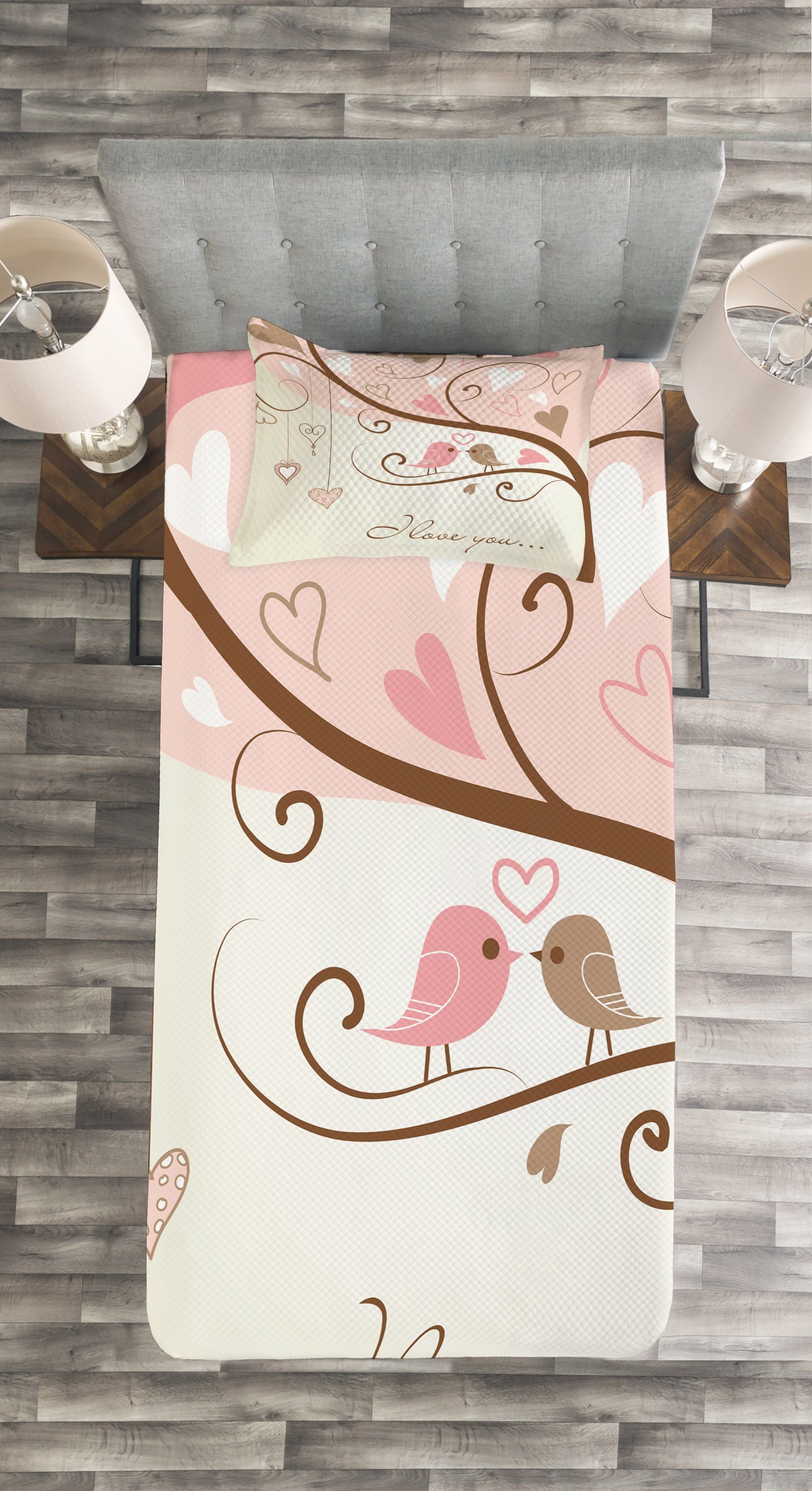 Romantik Liebe Tagesdecke Vögel mit Waschbar, 2 Motiv Set Kissenbezügen Abakuhaus,