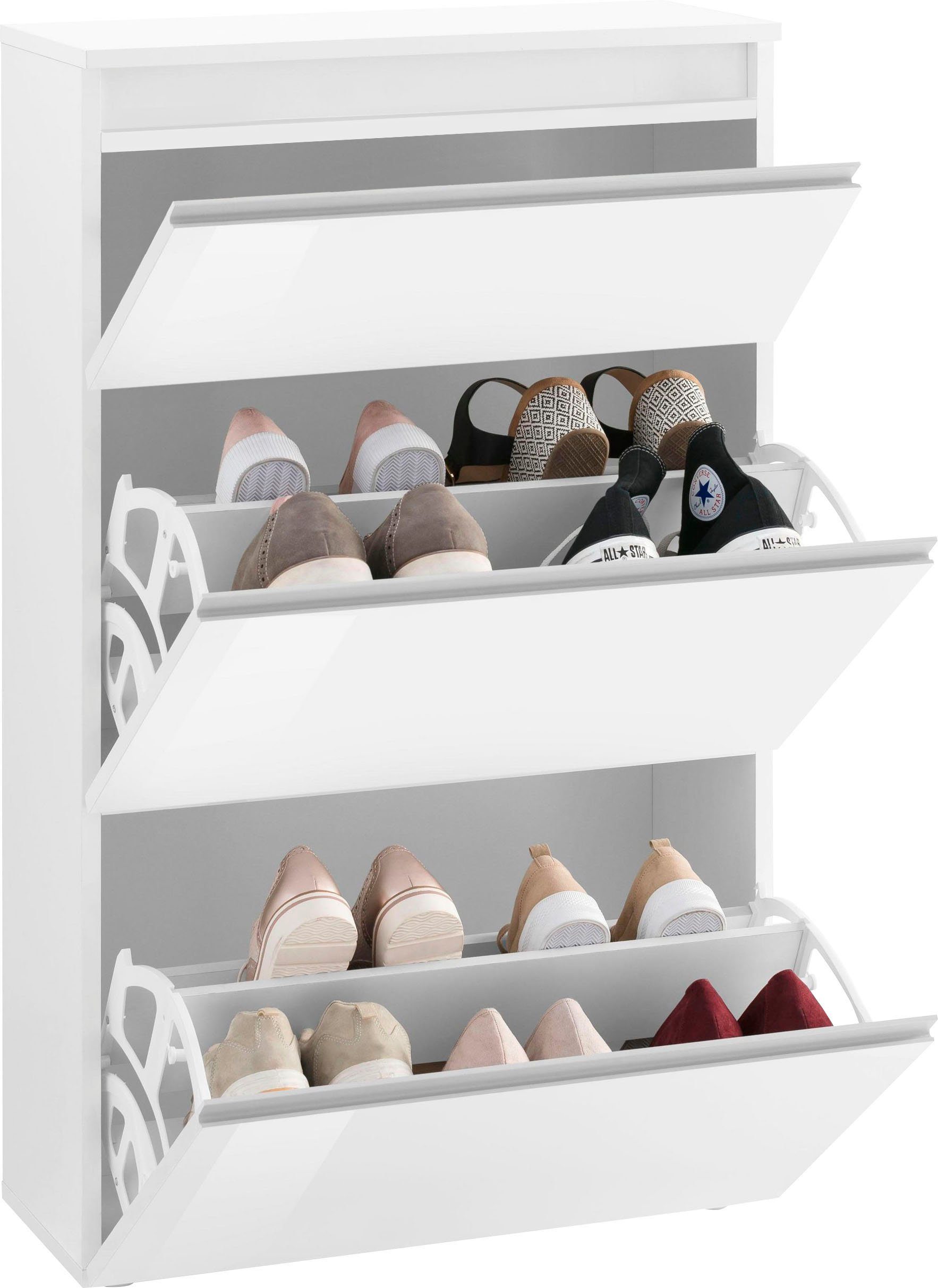 Home affaire Schuhschrank Magic Schuhschrank, Schuhkommode, Schuhregal, Schuhkipper, softgriff 3 Klappen, Doppelschuhtrommeln komplett Hochglanz lackiert Breite – Bild 4 von 5