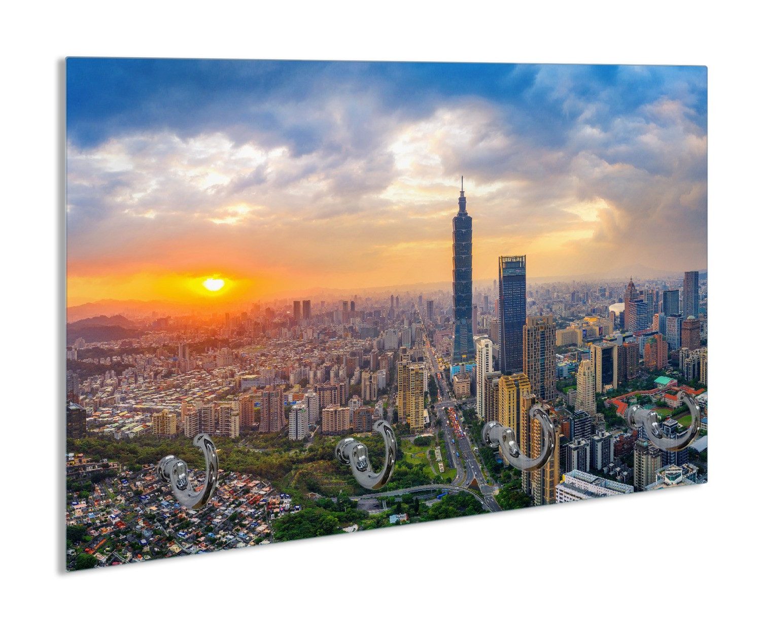 Wallario Handtuchhalter Skyline mit Wolkenkratzern, aus Glas mit 4 Metallhaken