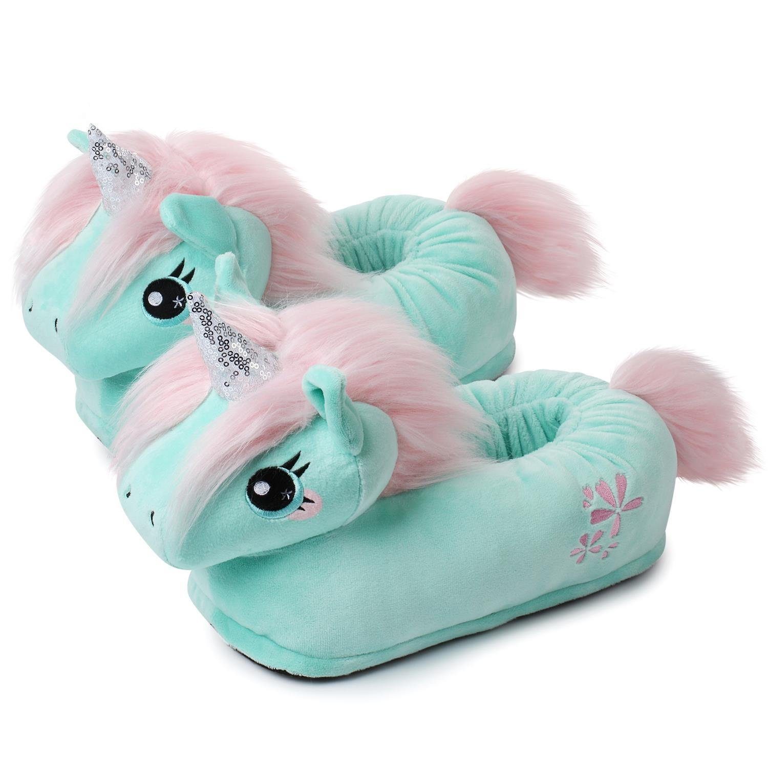 Corimori Tier Pantoffeln für Erwachsene Einheitsgröße 34-44 Plüsch Hausschuhe (Packung, Geschenk) EU Einheitsgröße 34-44, Jade das Einhorn, für Kinder und Erwachsene