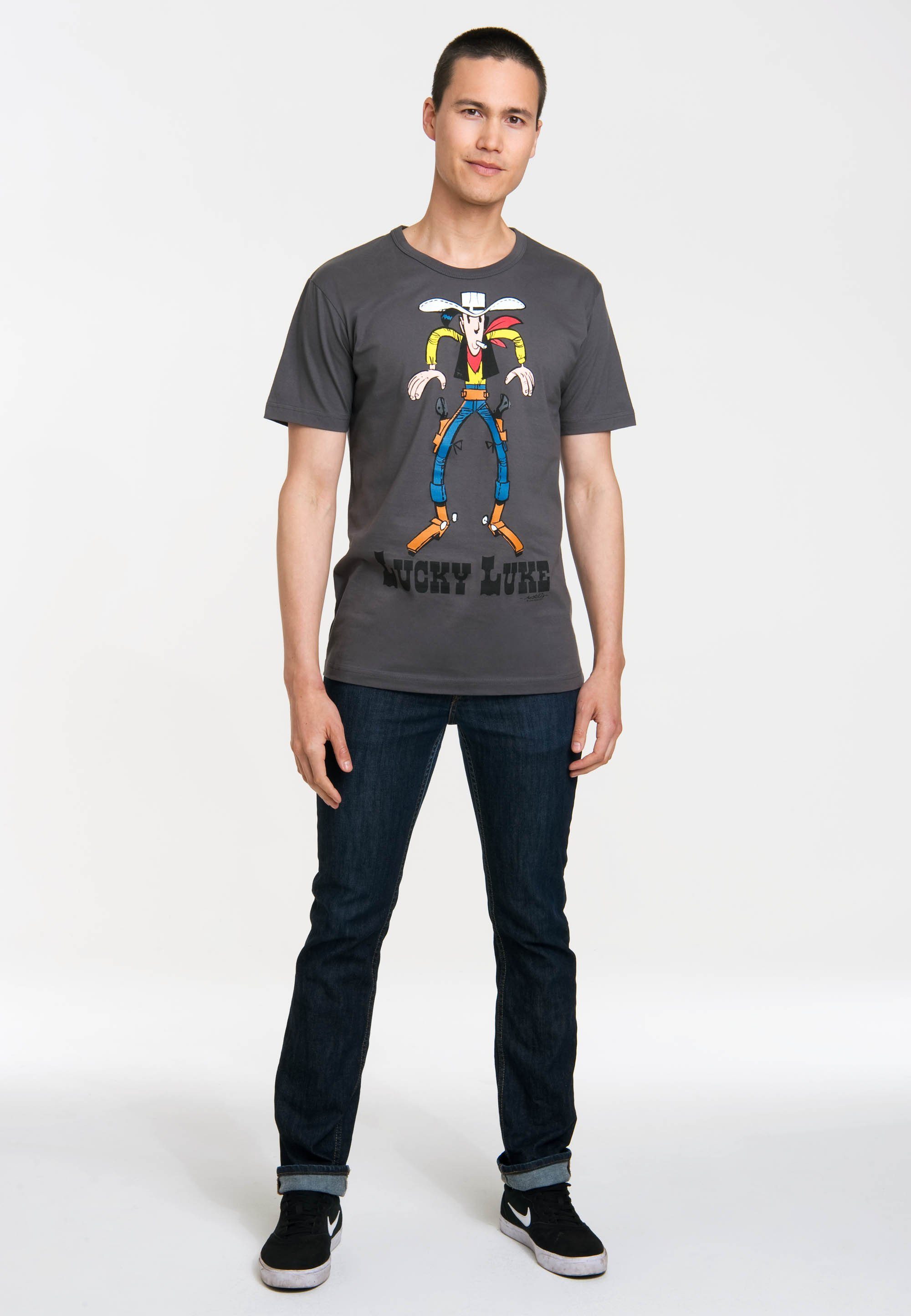 mit T-Shirt Retro-Print, Aus Baumwolle LOGOSHIRT angesagtem weicher, formbeständiger gefertigt Luke Lucky