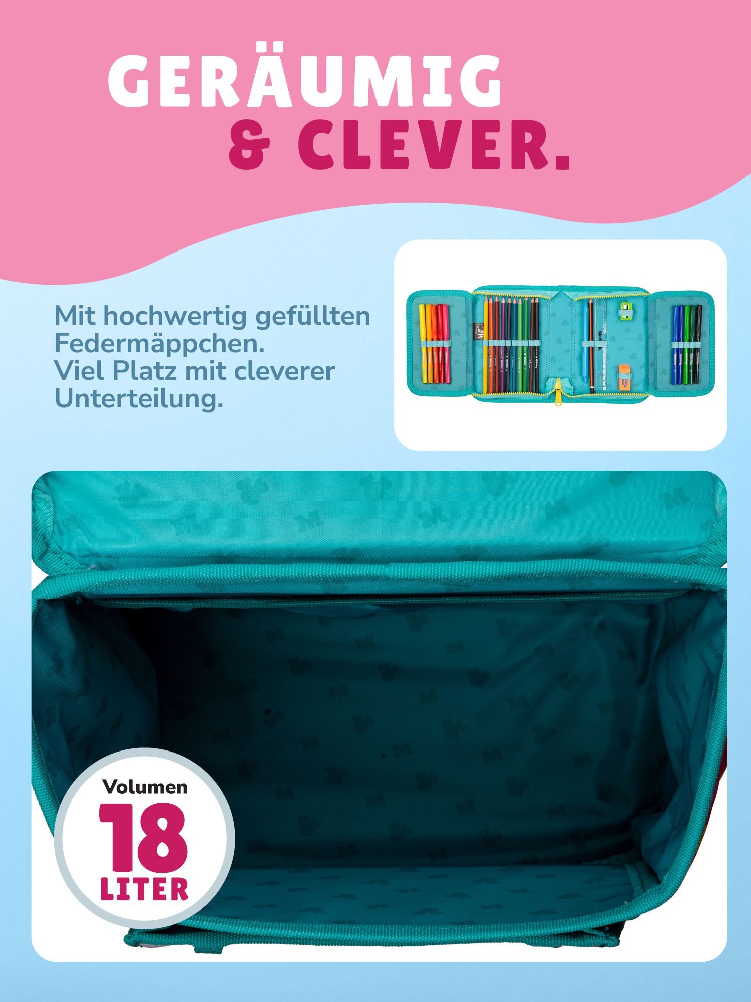 McNeill Schulranzen Disney Minnie Mouse Schultasche, Set zur Einschulung Schulanfang (Set, 10-tlg., inkl. Lunch-Set, Sporttasche & Schultüte / Zuckertüte Schmet – Bild 5 von 5