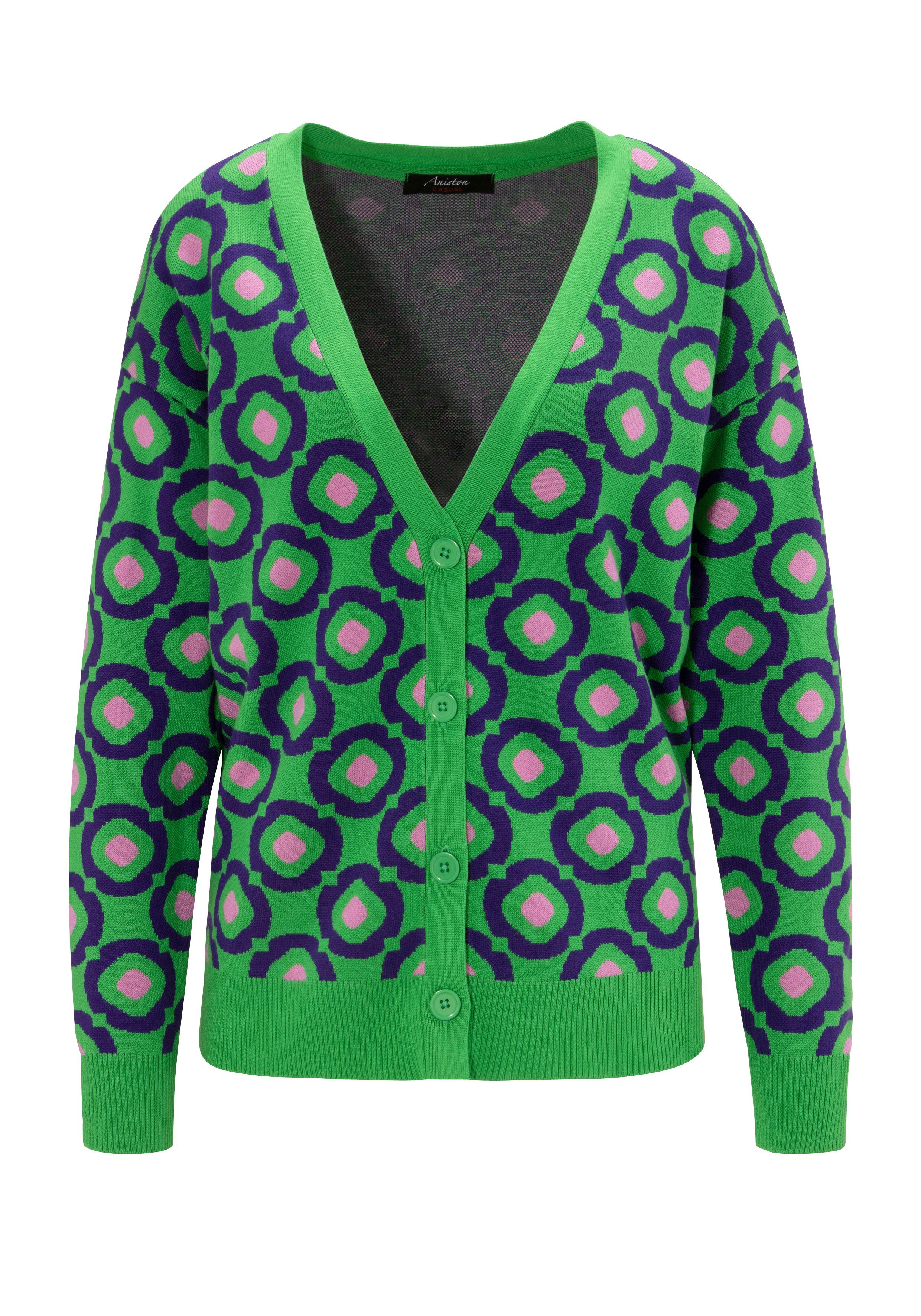 Jacquard-Muster coolem Strickjacke CASUAL Aniston - NEUE im Retro-Look mit KOLLEKTION