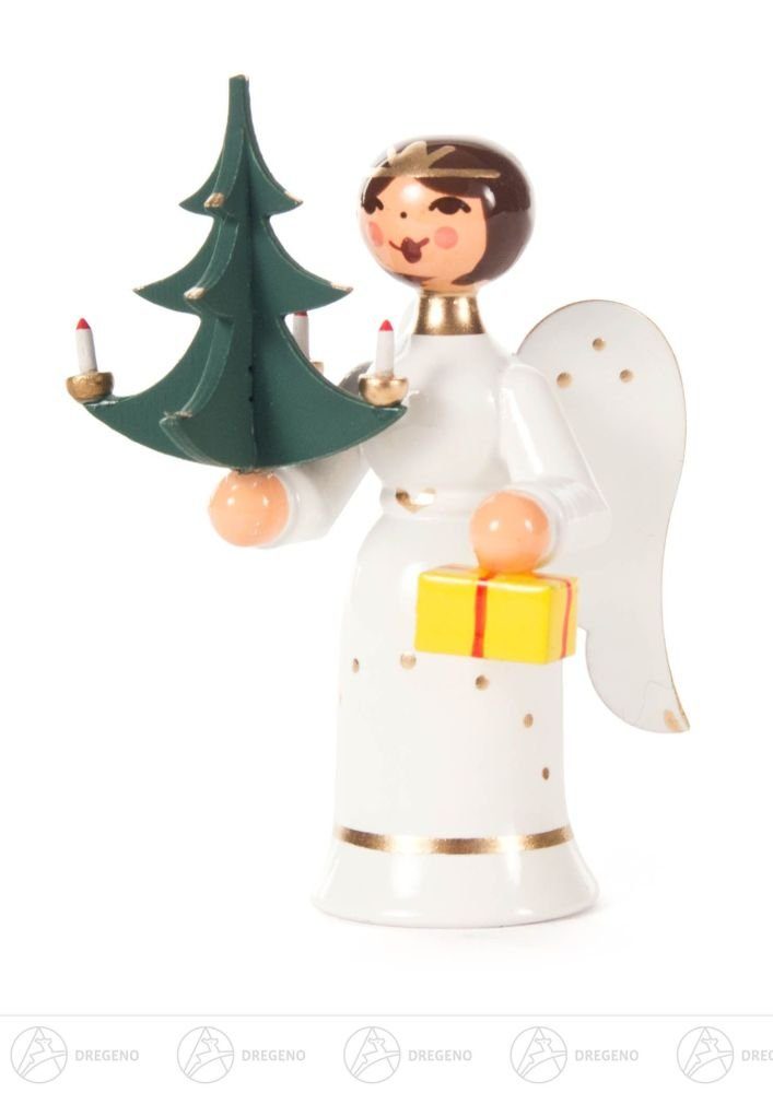 Dregeno Erzgebirge Engelfigur Engel Miniatur cm Weihnachtsbaum mit und mit Geschenk 6,5 ca Baum Höhe NEU