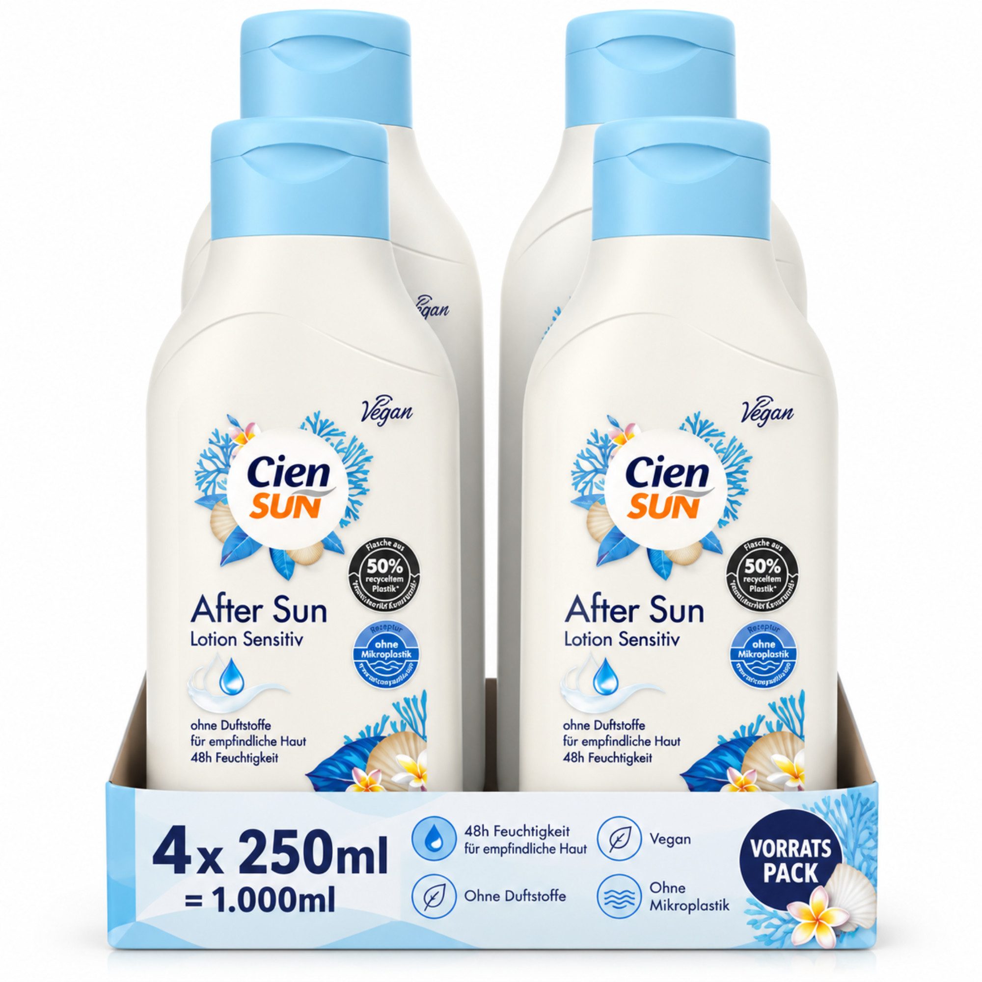 Cien After Sun-Lotion Sensitive 4 × 250 ml Vorratspack Spar-Set, 4 × 250 ml für empfindliche Haut mit 48 h Feuchtigkeit