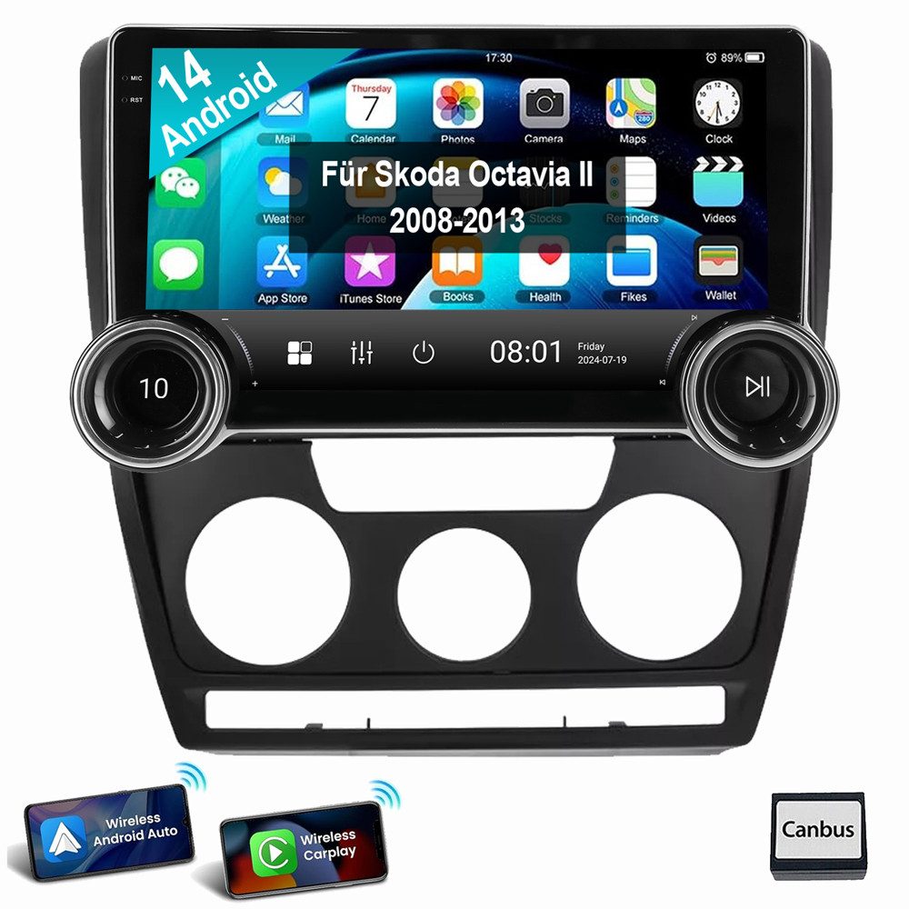 ESSGOO Android 14 Für Skoda Octavia II 1Z3 1Z5 4GB+64GB Doppel-Drehregler Autoradio (Digitalradio (DAB), FM, AM, RDS, Apple carplay Android Auto Navi SWC BT EQ)
