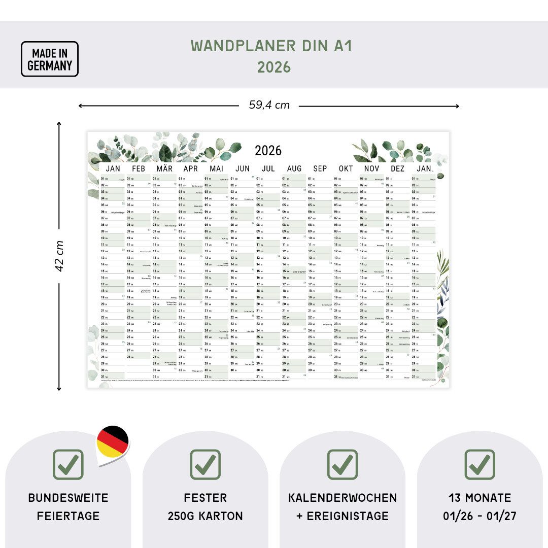 heaven+paper Jahresplaner A2 Wandplaner gerollt 2026 Greenery Querformat, hochwertig, Hergestellt in Deutschland
