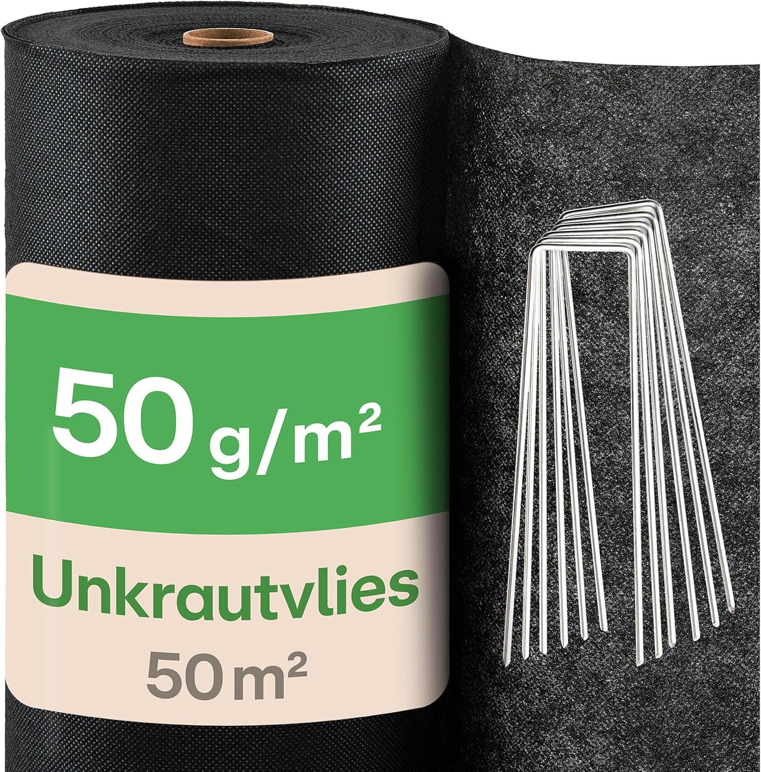 Praknu Gartenvlies Unkrautvlies 50g/m² - 50 m² (1x50 m) mit 24 Erdankern, (1-St), reißfest, UV-stabil, zuschneidbar, wasserdurchlässig, robust