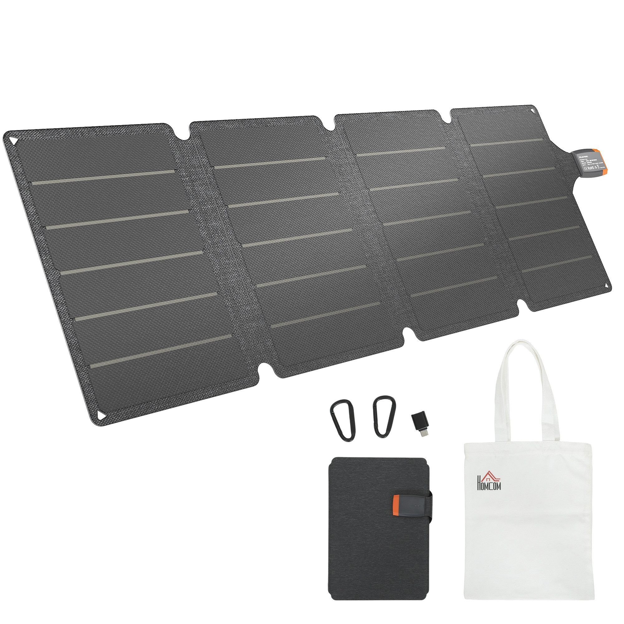 HOMCOM Solar Panel with Carabiners, 36W, Monocrystalline, (Portable Solar Charger, 1-pc., Solar Panel for Camping, Hiking), Waterproof, Foldable, Grey