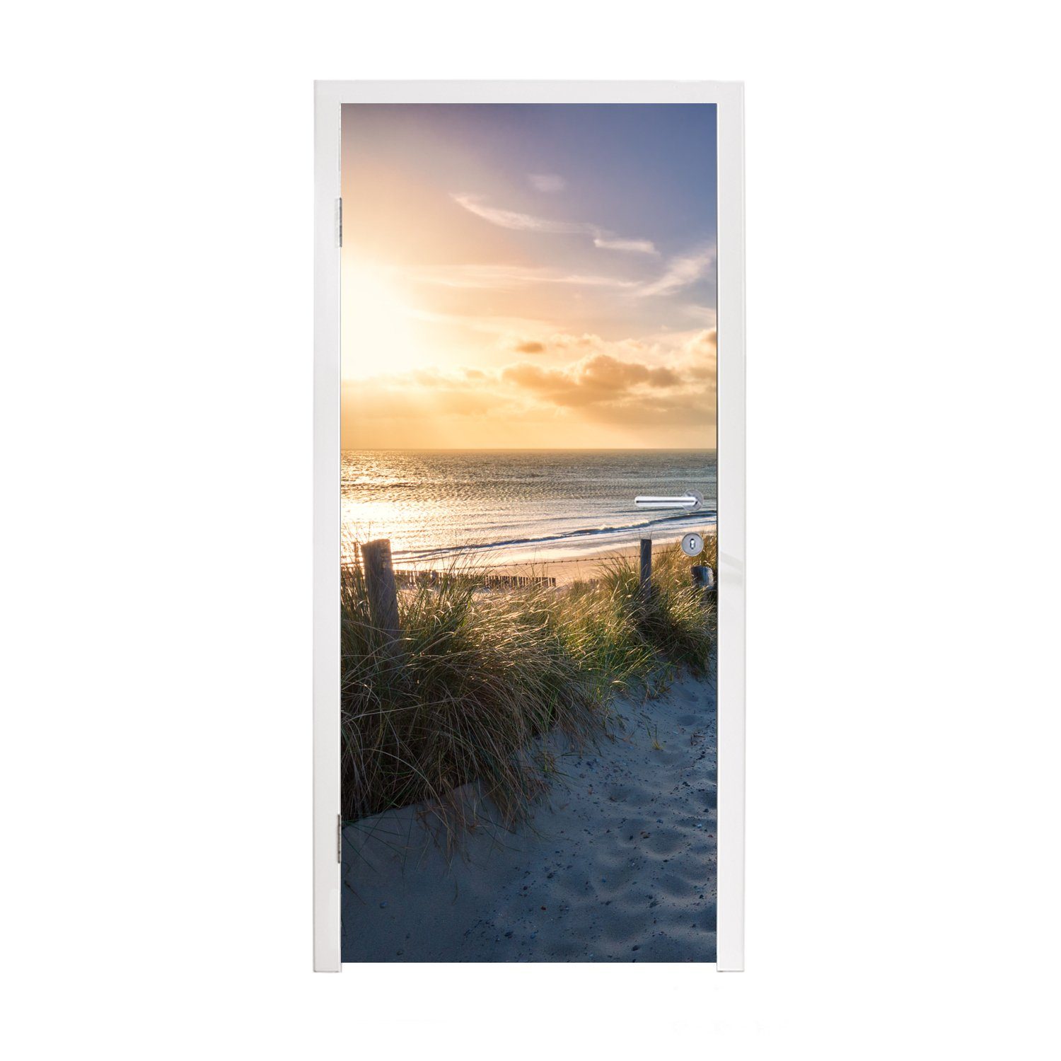 MuchoWow Türtapete Sonnenuntergang - Strand - Düne - Gras - Bank, Matt, bedruckt, (1 St), Fototapete für Tür, Türaufkleber, 75x205 cm
