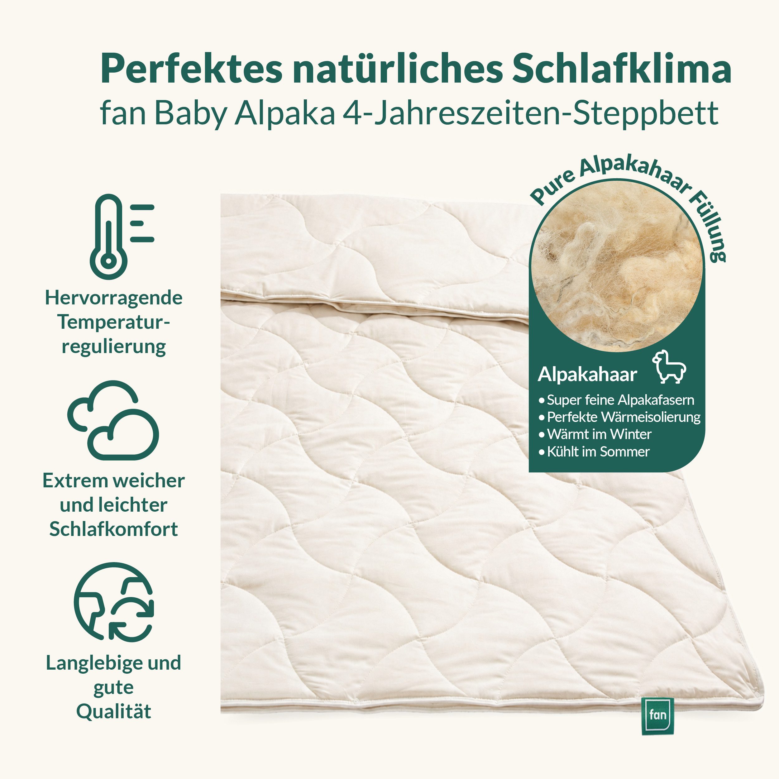 fan Naturhaarbettdecke Baby Alpaka, Bettdecke in 135x200 und weiteren Größen erhältlich, Füllung: 97% Alpaka & 3% sonstige Faser, Bezug: Bio-Baumwolle, Bettdeck – Bild 2 von 5