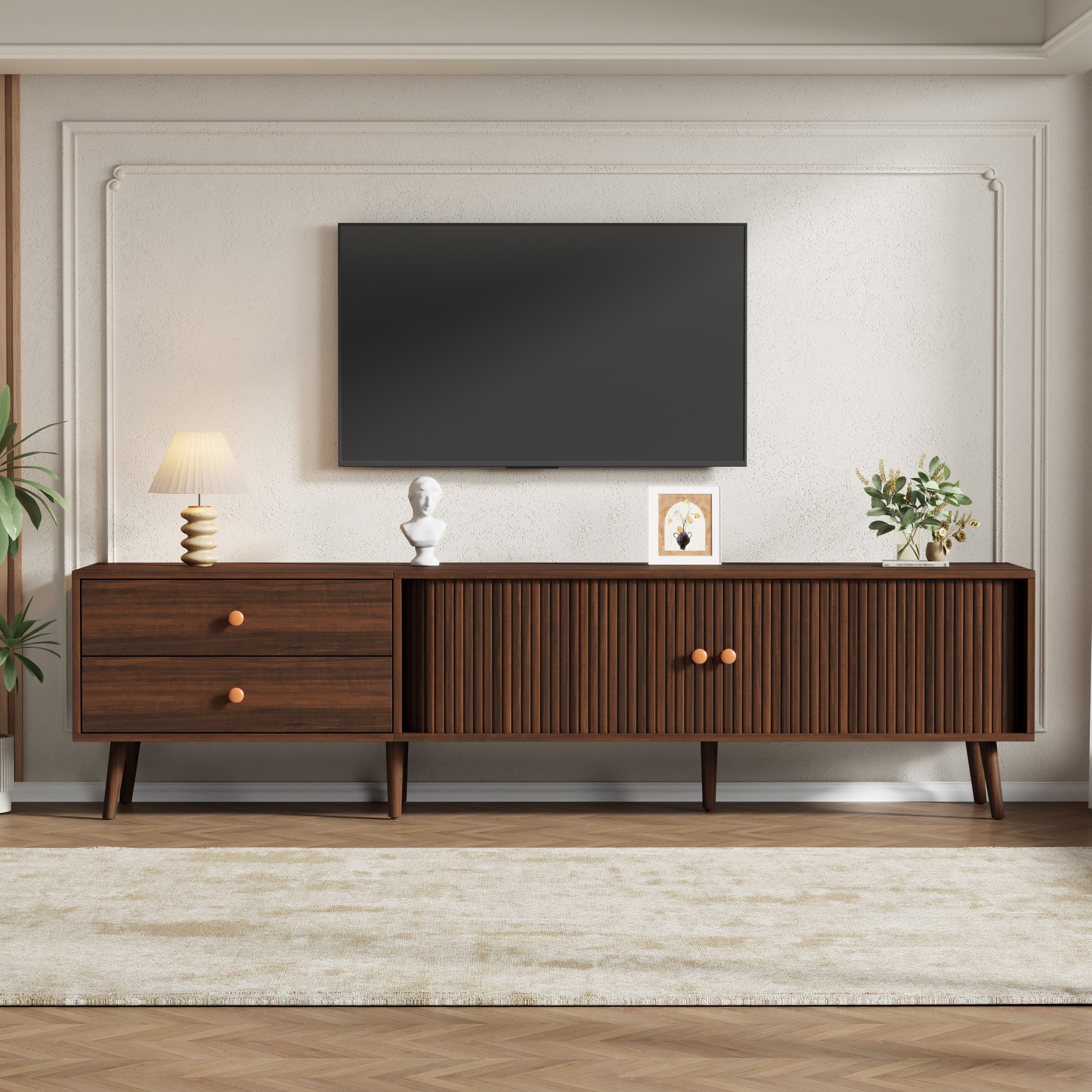 Merax Lowboard TV-Schrank in Walnussholzoptik, 180x40x46,5 cm (1 St), TV-Ständer Wohnzimmerschrank mit 2 Schubladen, 2 Rolltüren,7 Standfüße